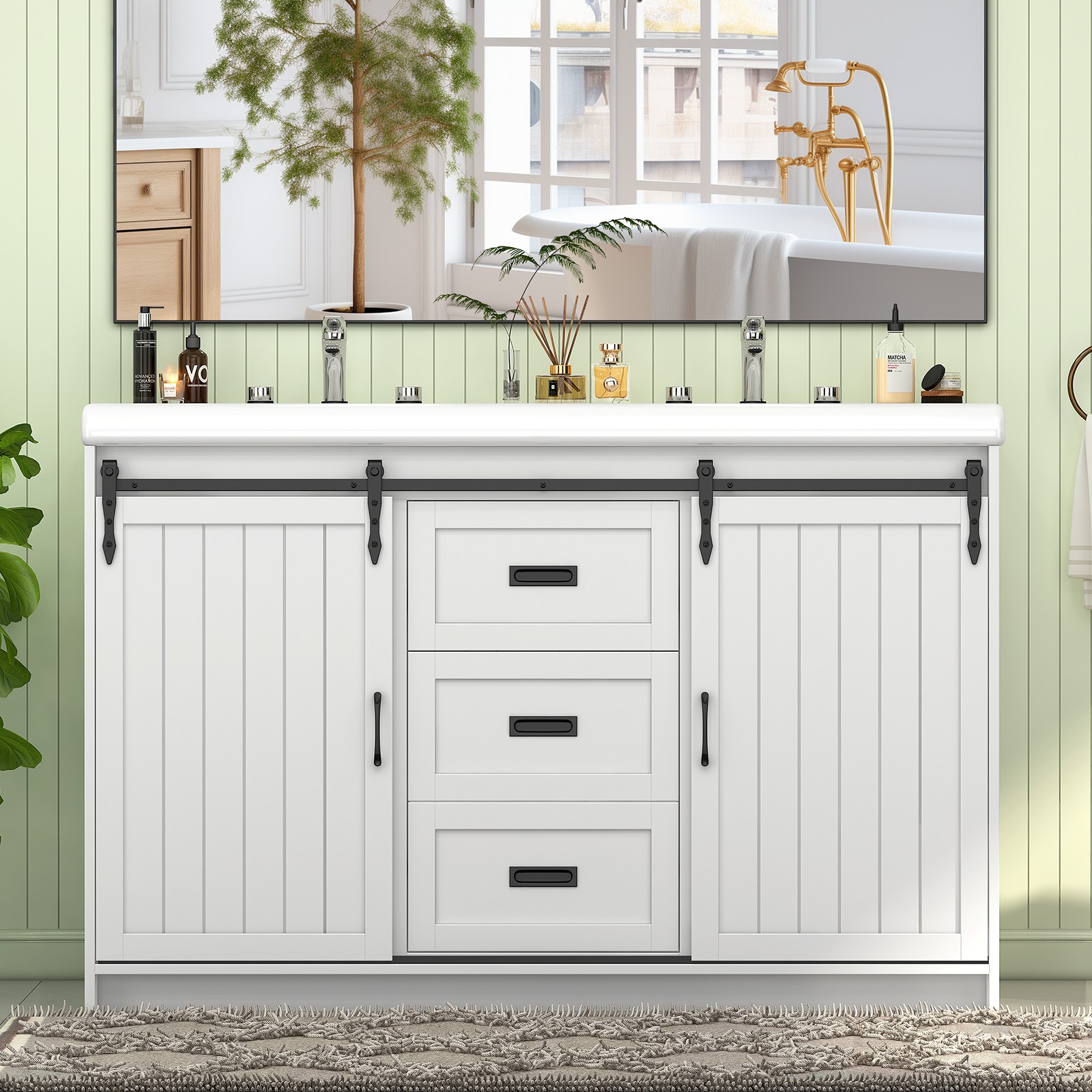 47″ Bathroom Double Sink Vanity Cabinet Ceramic Vessel Sink 3-Drawer Cabinet NEW