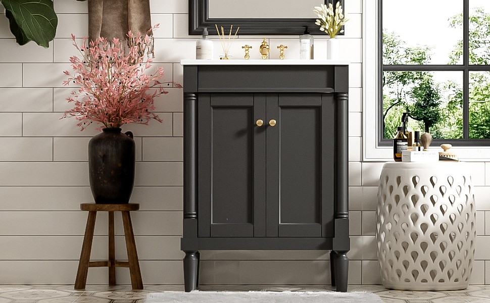 24″ Bathroom Vanity with Sink, Modern 2-Tier Storage Cabinet, Black