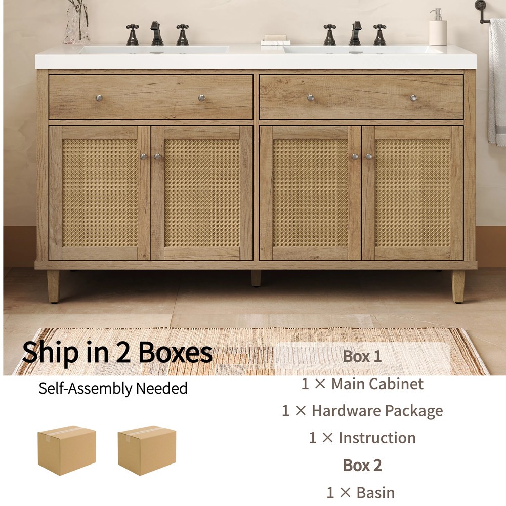 60″ Bathroom Vanity w/Double Sink, 2 Drawers, Freestanding Vanity Doors Cabinet