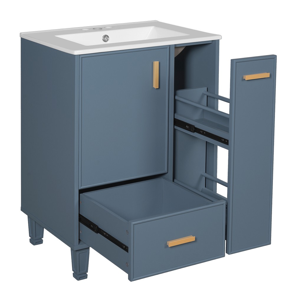 24″ Grey Blue Bathroom Vanity with Ceramic Sink Solid Wood Frame MDF Board