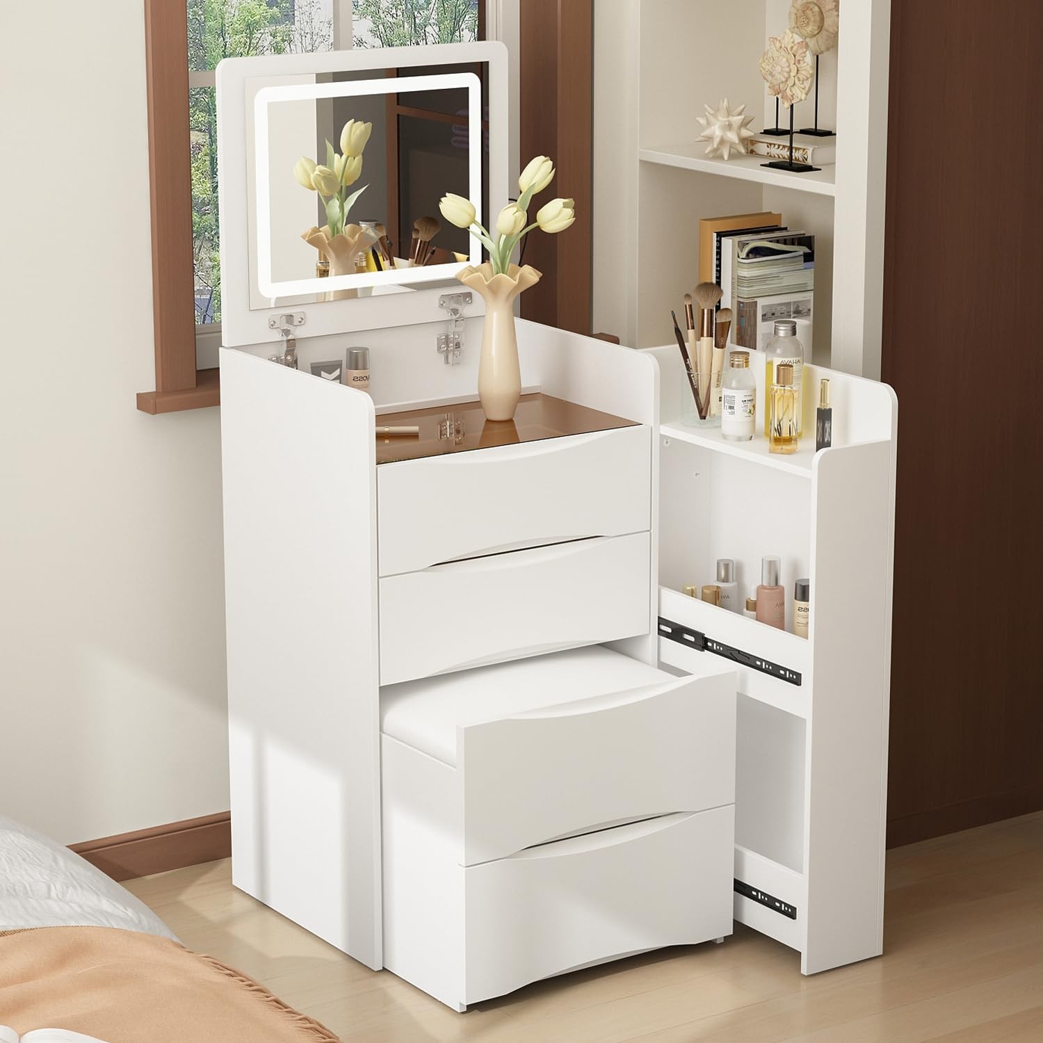 White Vanity Set with LED Mirror 3-Tier Shelf Stool Drawers Organizer Glass Top