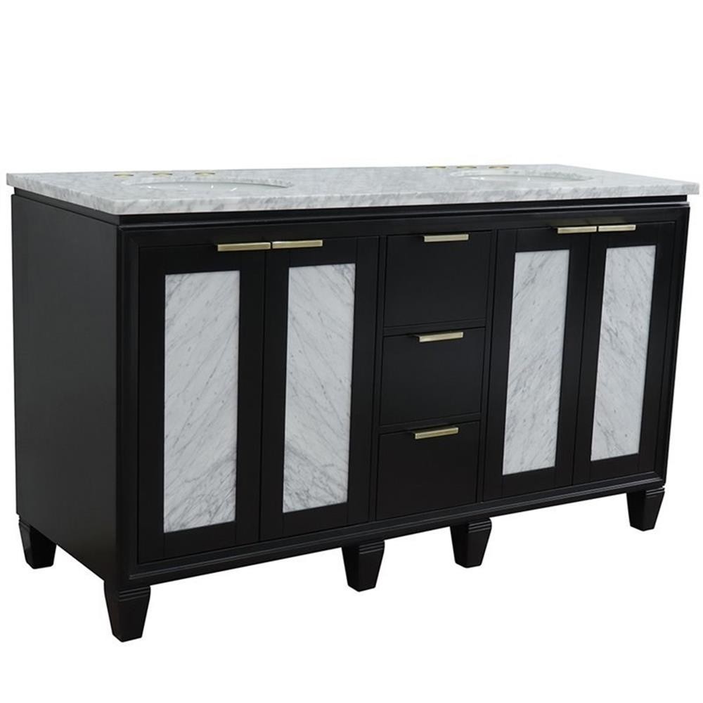 Pemberly Row 61″ Double Oval Sink Solid Wood Vanity in Blue/White Carrara