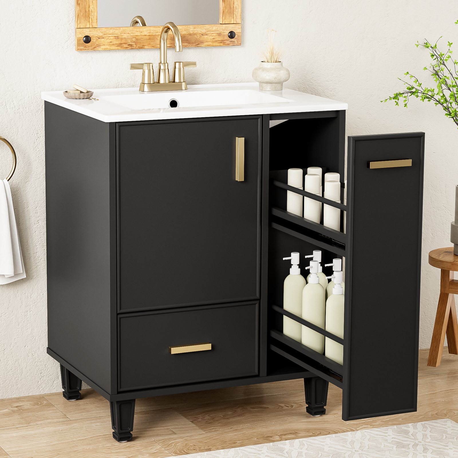 Bathroom Vanity with Ceramic Sink Solid Wood Frame Storage Cabinet Deep Drawer