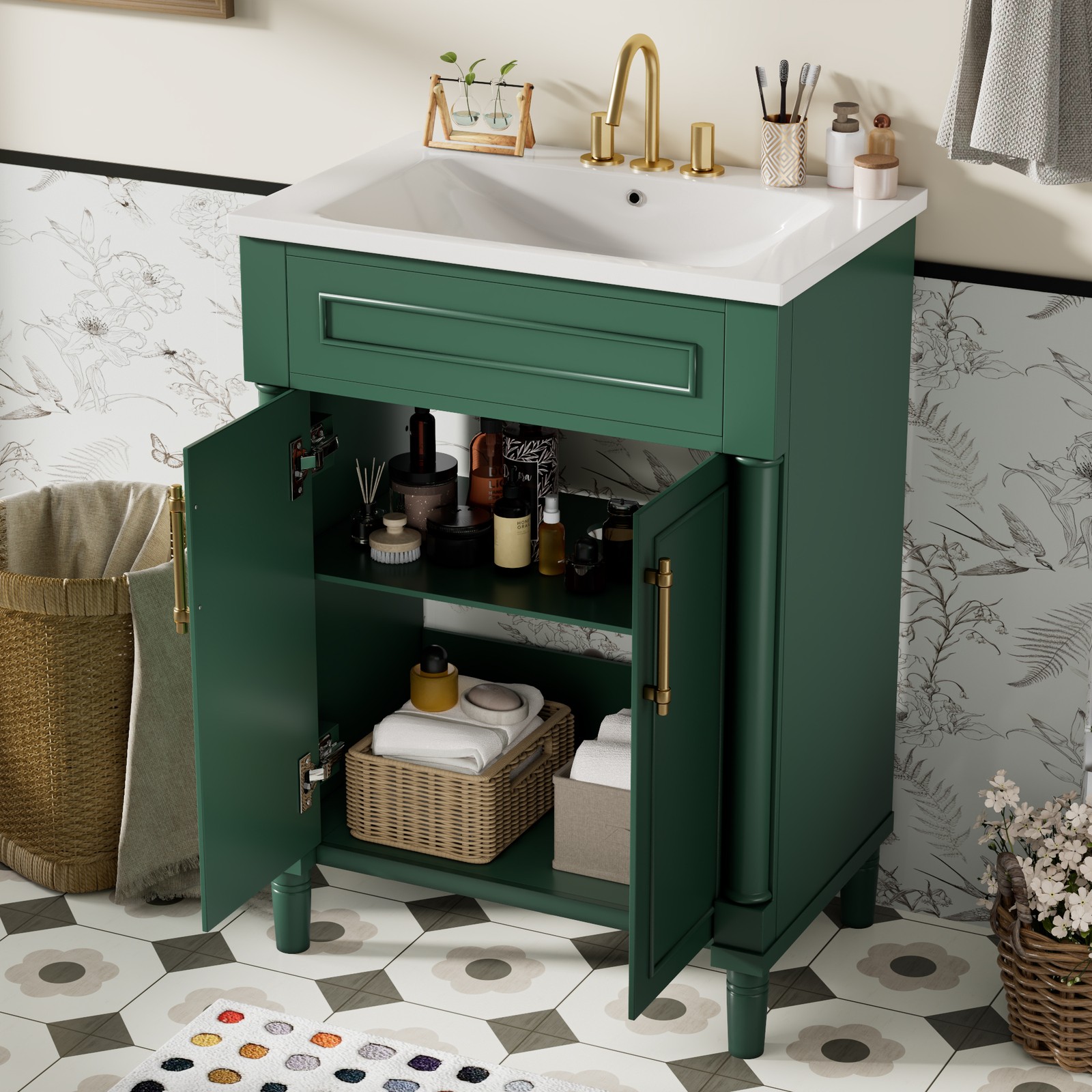 24 in Small Bathroom Vanity w/ Ceramic Sink & 2 Doors, Solid Wood&MDF, Green