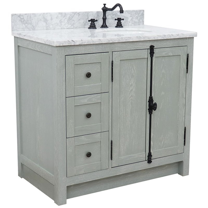 Plantation Solid Wood Vanity with Right Oval Sink in White/Gray Ash