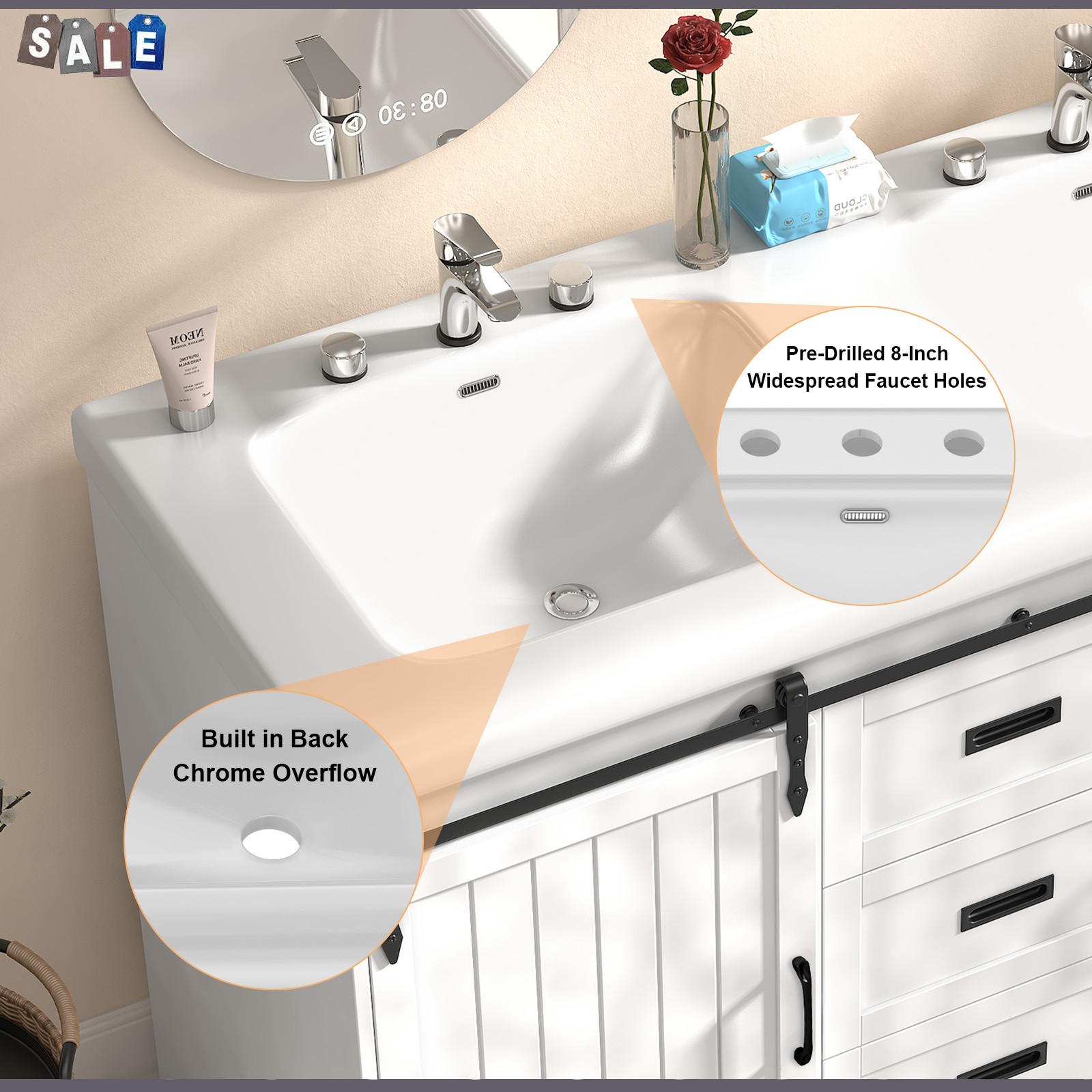 White Bathroom Vanity Double Sink Freestanding Cabinet with Storage Drawers