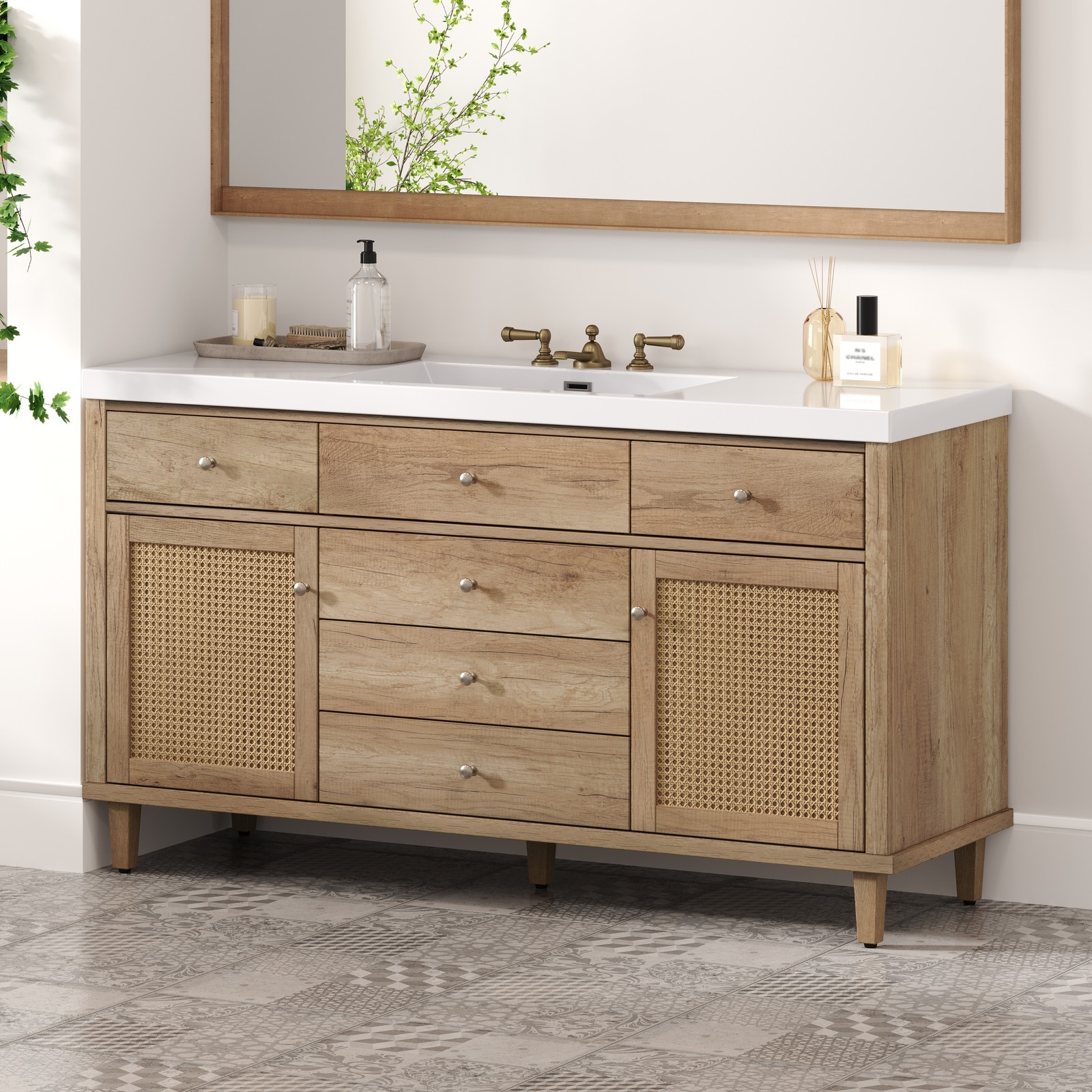 60″ Wooden Bathroom Vanity Cabinet with SMC Sink Storage Drawers Rattan Doors
