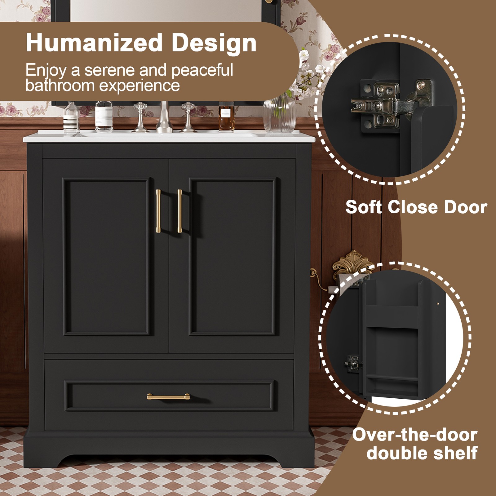 30″ Bathroom Vanity w/ Sink, Black, Soft-Close Doors & Drawer, Solid Wood+MDF