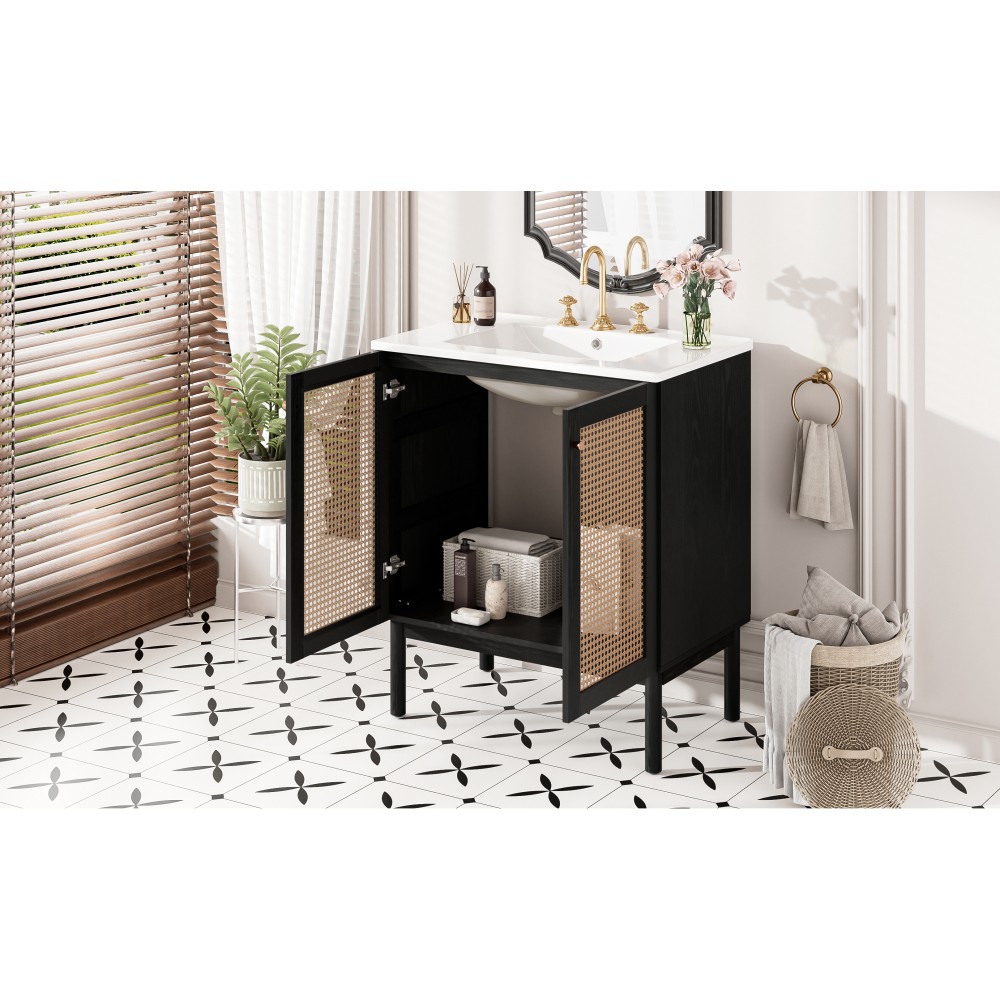 30in Solid Wood Bathroom Vanity Ceramic Sink Soft Close 2 Doors Storage Cabinet