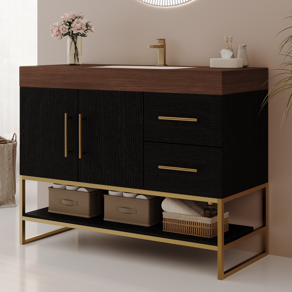 36″ Free-Standing Bathroom Vanity w/Seamless Ceramic Sink & Sintered Stone Top