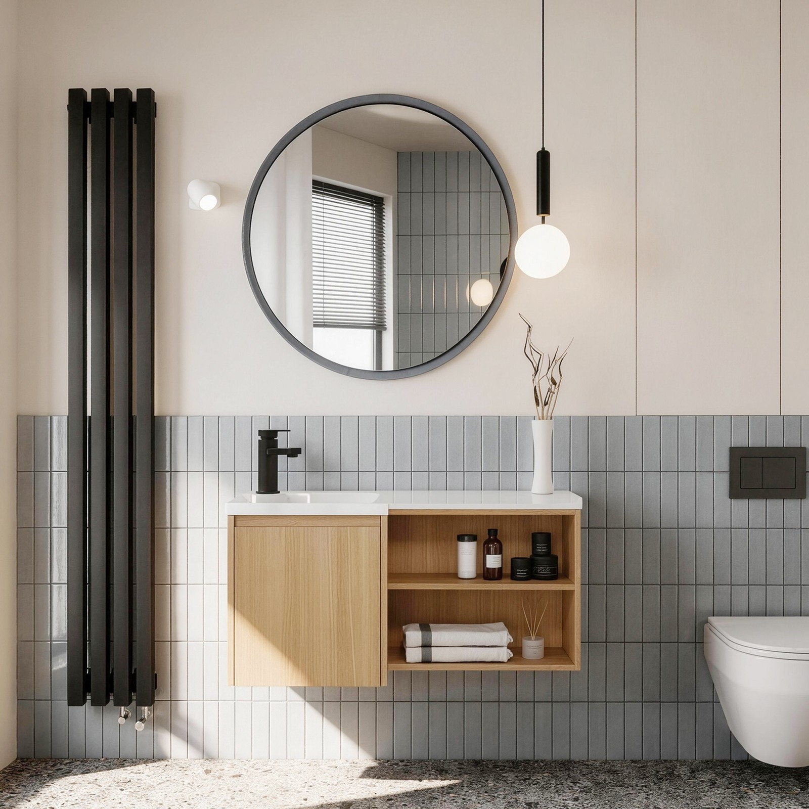 36″ Corner Floating Bathroom Vanity with Integrated Sink, Light Oak