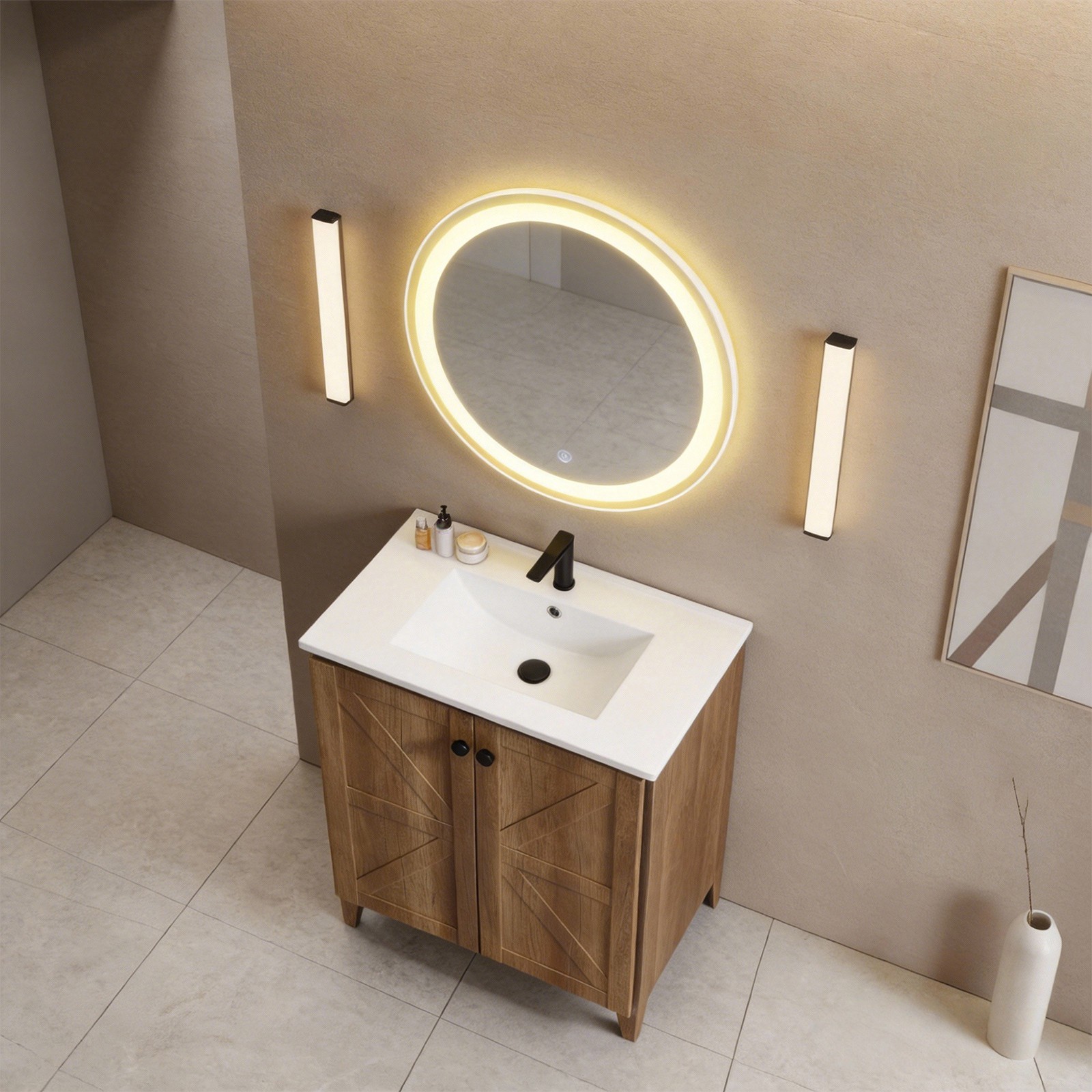 30″ Golden Oak Folding Floor Cabinet With Ceramic Sink Modern Storage Cabinet