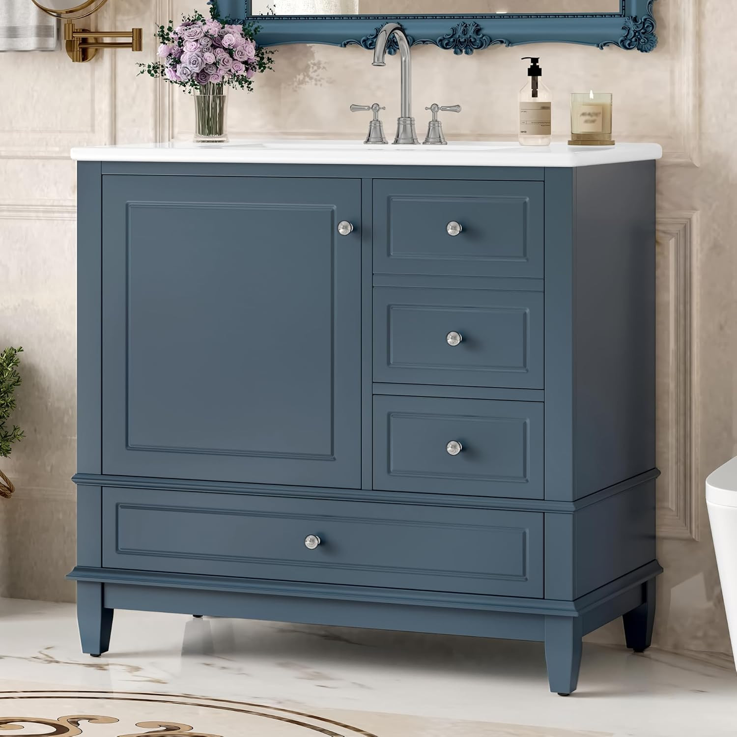 36″ Blue Gray Bathroom Vanity with Sink, Soft Close Doors & Storage Drawers