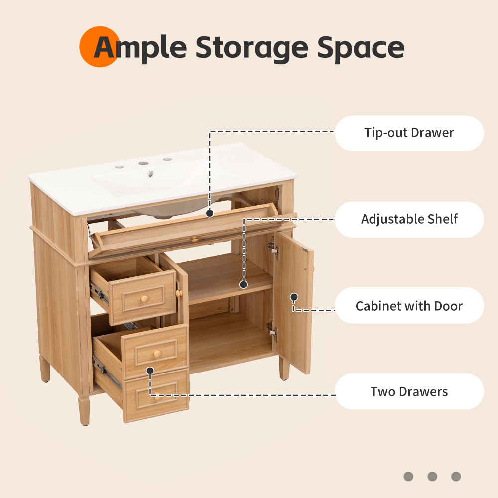 36″ Bathroom Vanity with Sink Wood Vanity Cabinet with Flip-Out Drawer 3 Drawers
