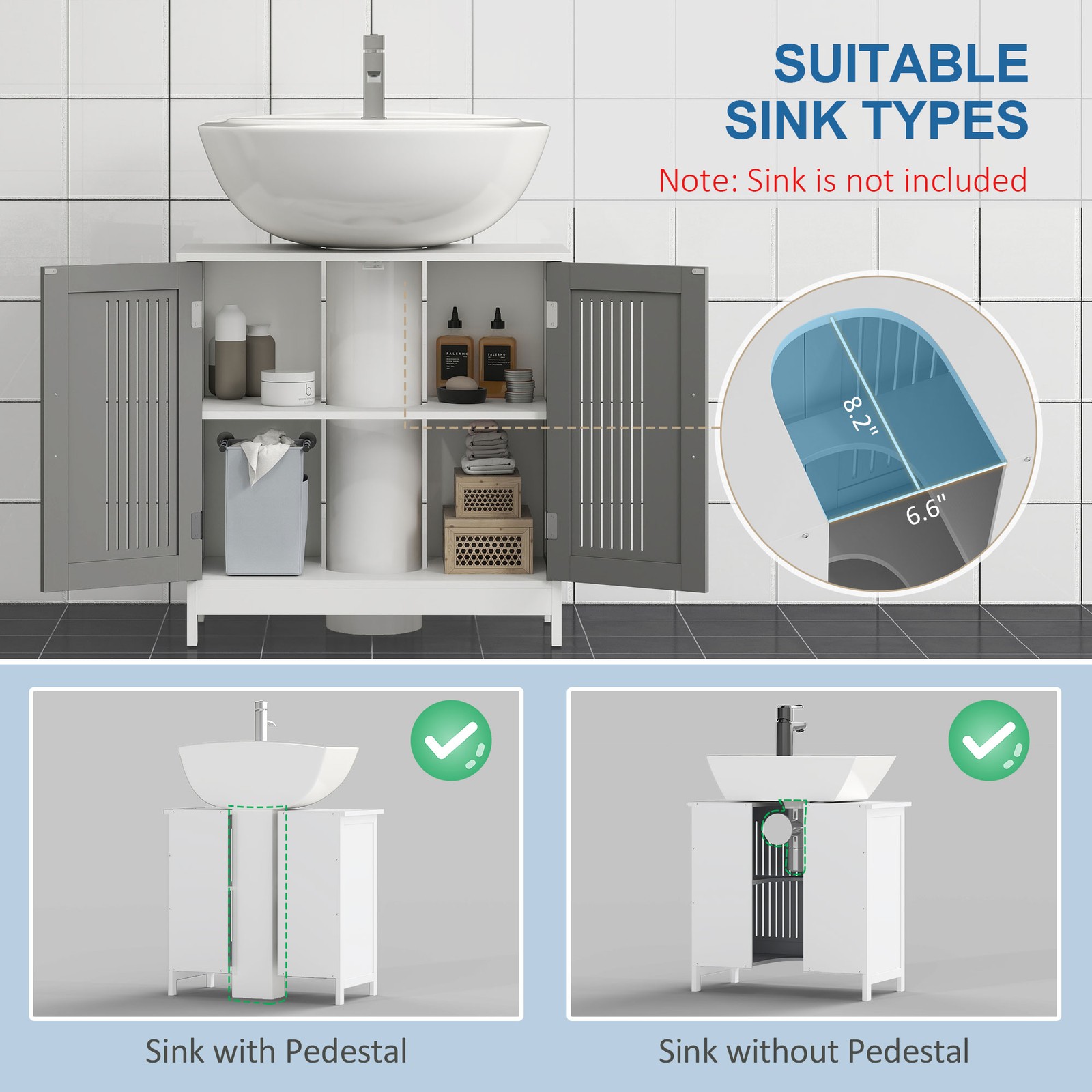 Bathroom Pedestal Under Sink Cabinet with Storage Shelf, Grey White
