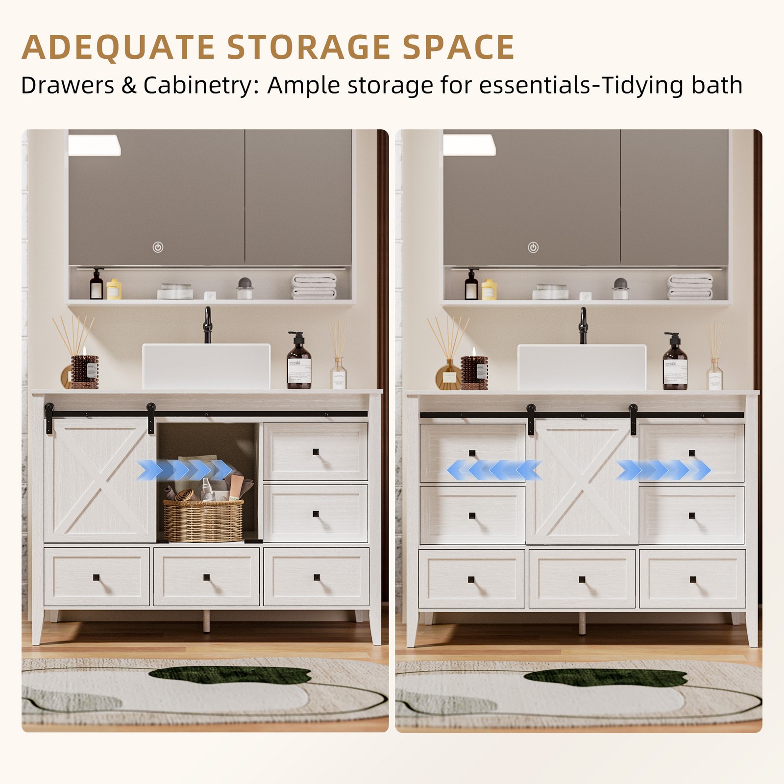 48-inch Bathroom Vanity with Sink Ceramic Freestanding Cabinet Sliding Barn Door