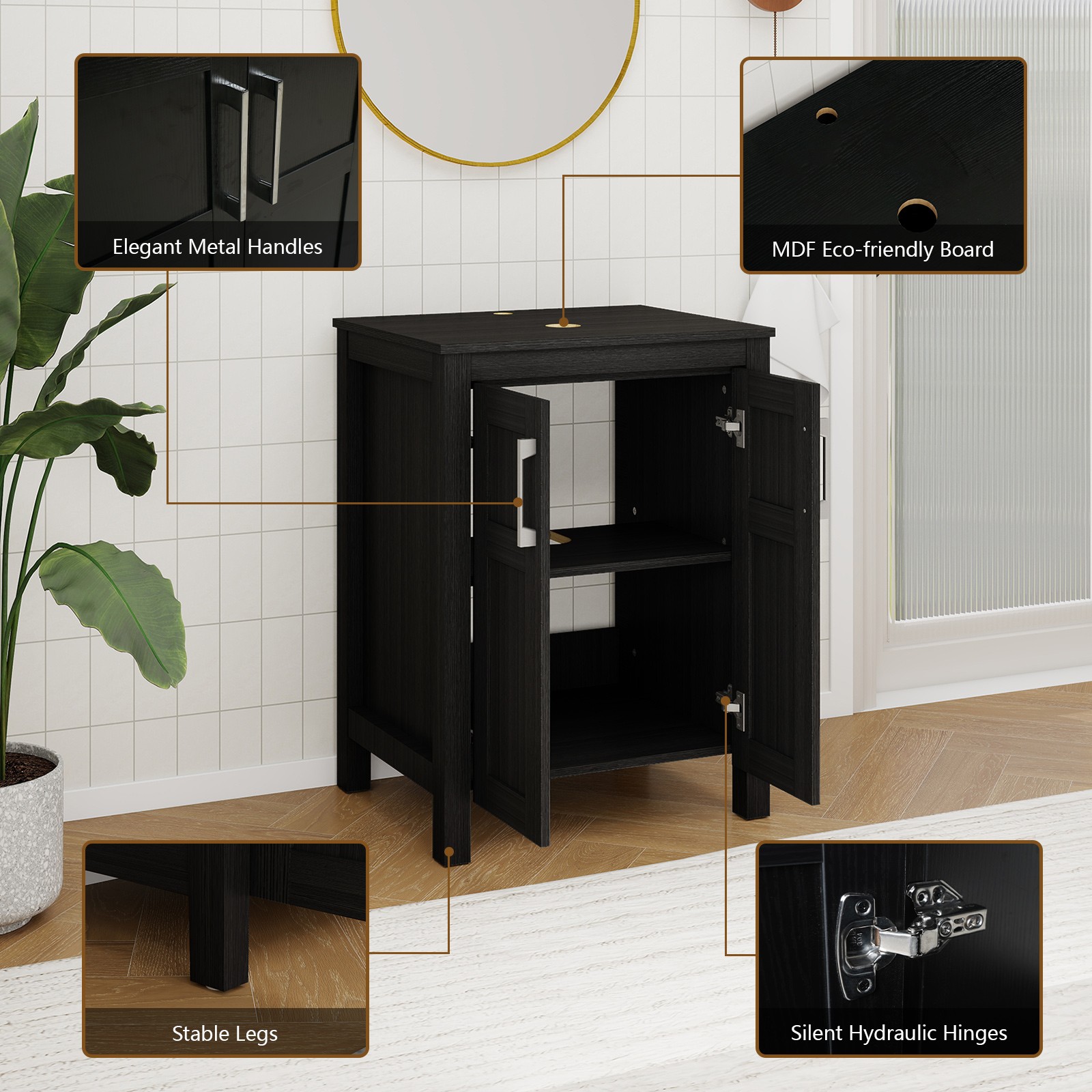 24 Inch Bathroom White Vanity with Vessel Sink Storage Cabinet Pop Up Drain Set