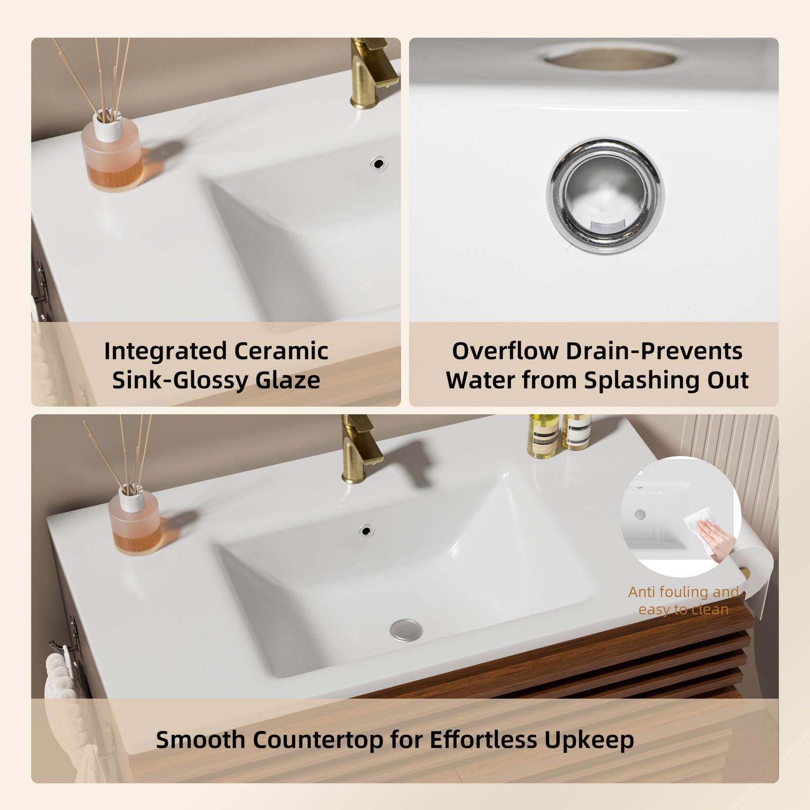 32 Inch Walnut Fluted Bathroom Vanity with Ceramic Sink, 2-Door Cabinet Modern