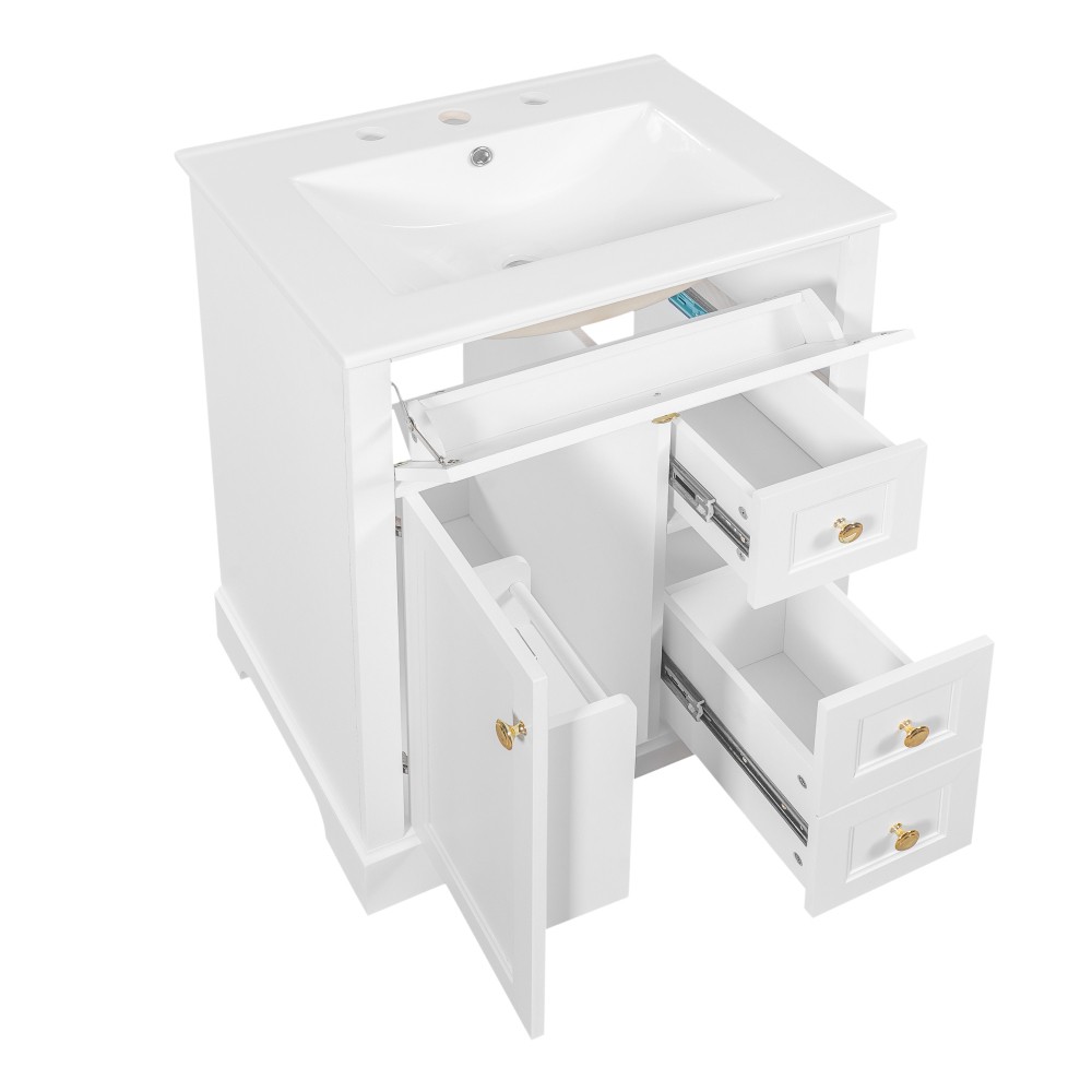 24 in White Bathroom Vanity with Sink MDF & Pinewood Construction 3 Drawers