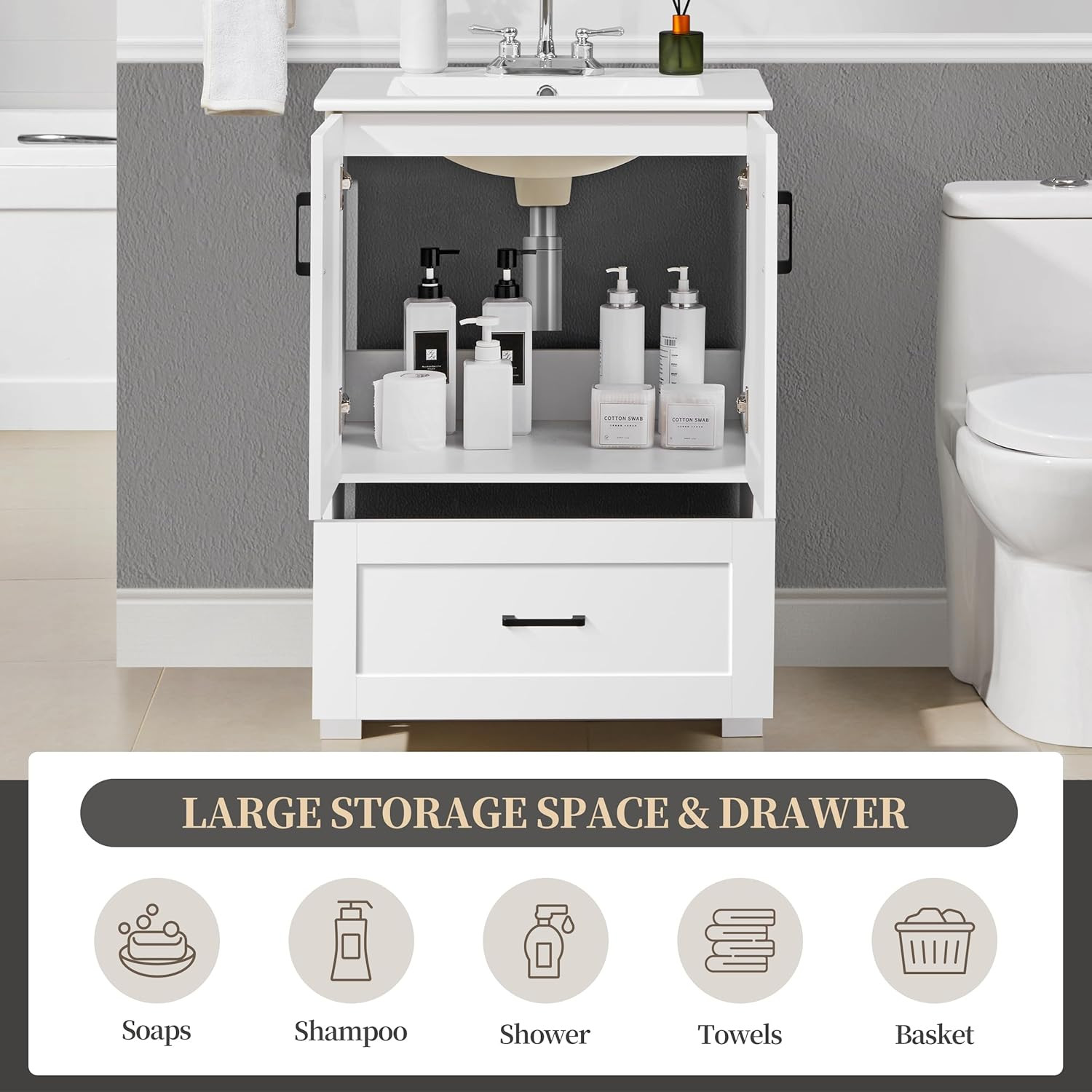 24.5″ Modern Bathroom Vanity with Ceramic Basin, Undermount Vanity Sink Cabinet