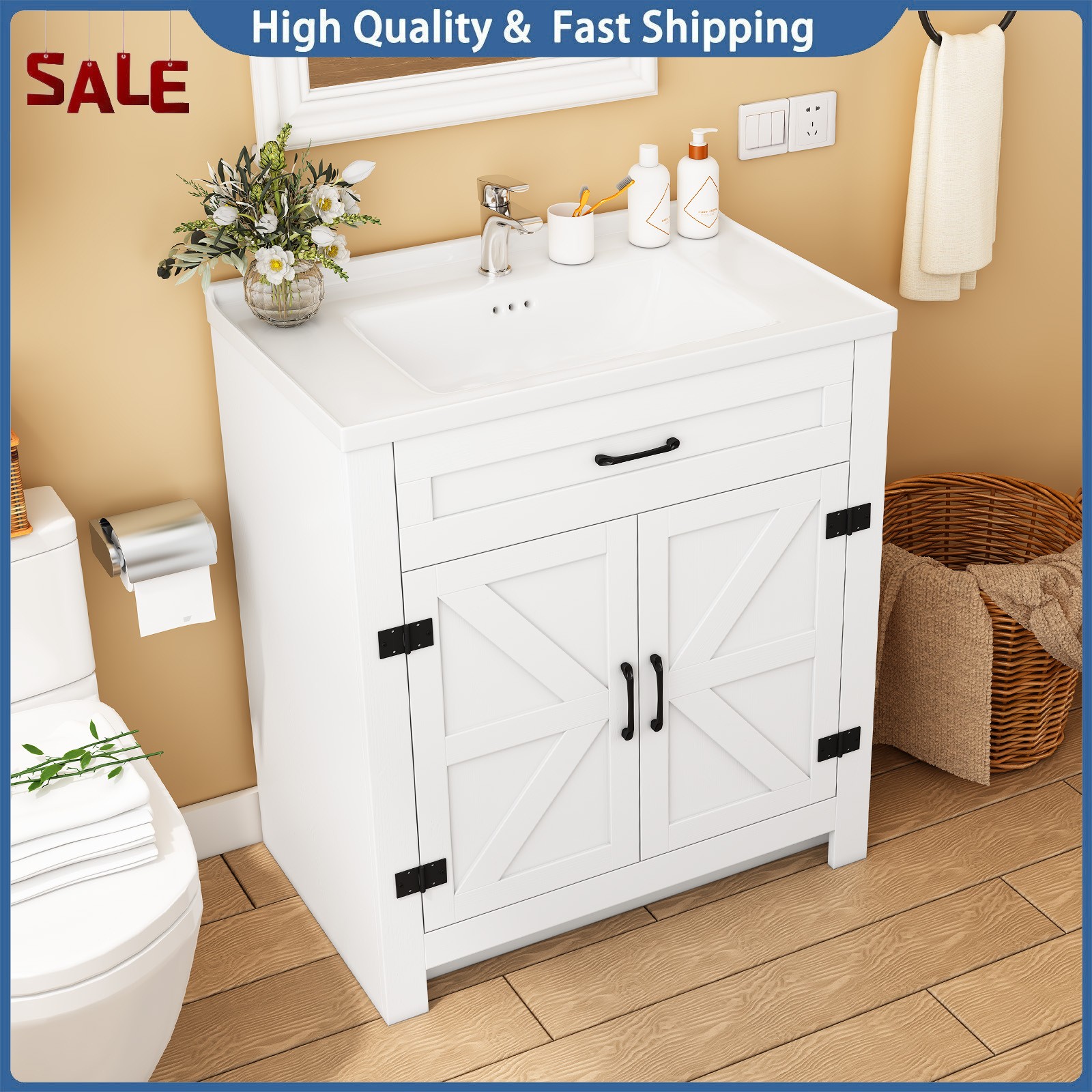 31″ Bathroom Vanity with Sink Combo Bathroom Cabinet with 2 Doors Freestanding