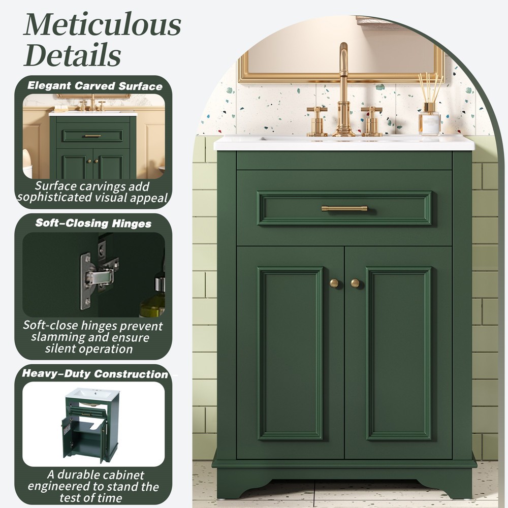 24″ Bathroom Vanity with Sink, Freestanding Bath Vanity Cabinet, Tip-Out Drawer