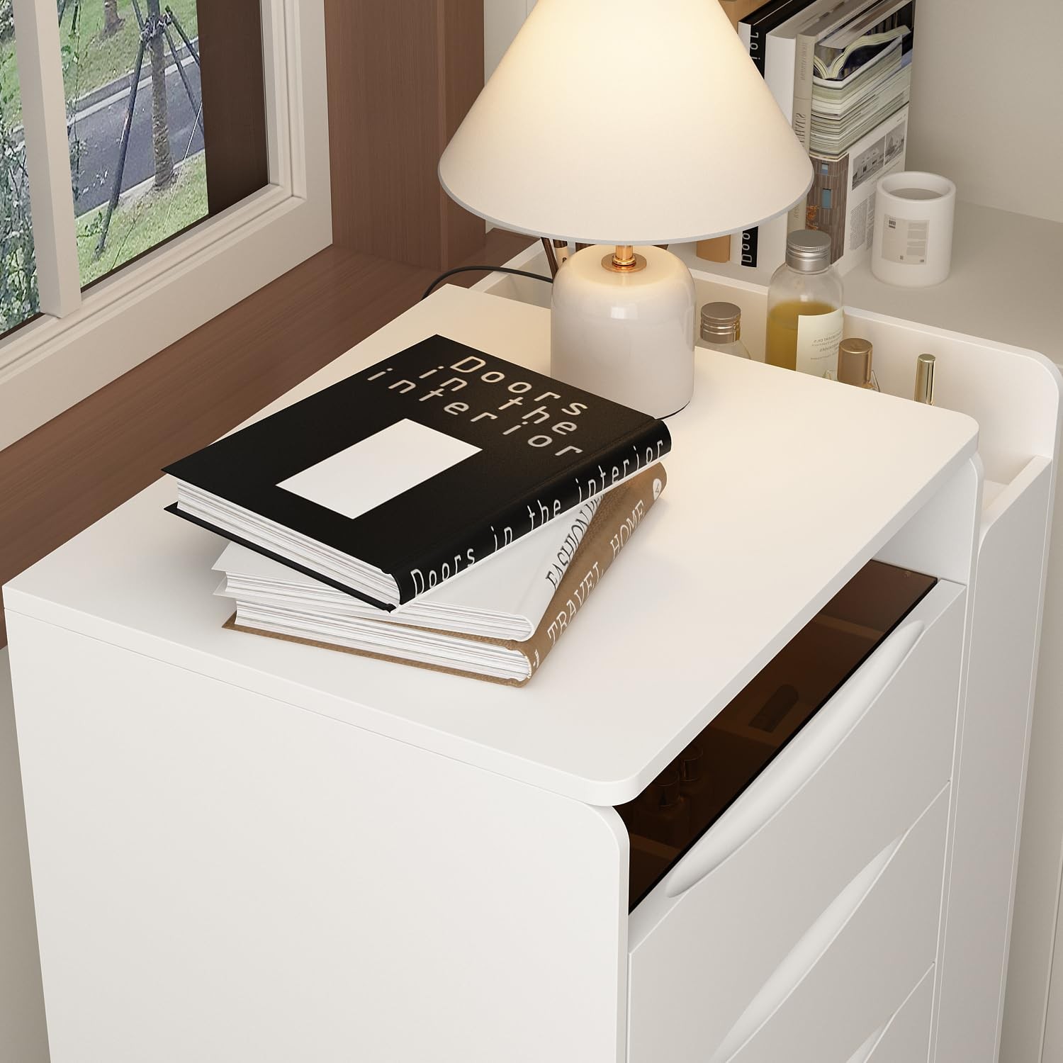 White Vanity Set with LED Mirror 3-Tier Shelf Stool Drawers Organizer Glass Top