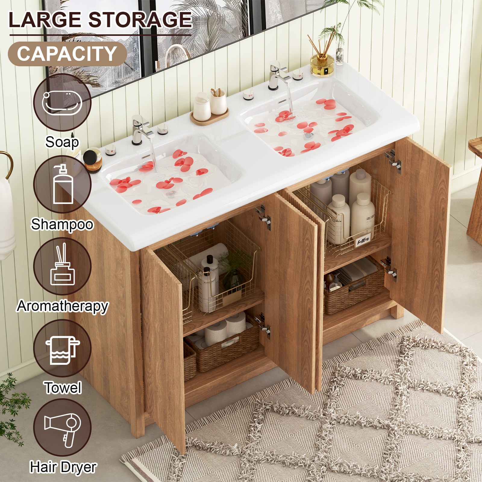 47.3″ Double Sink Bathroom Vanity Wood Grain Modern 2 Basin Storage Cabinet