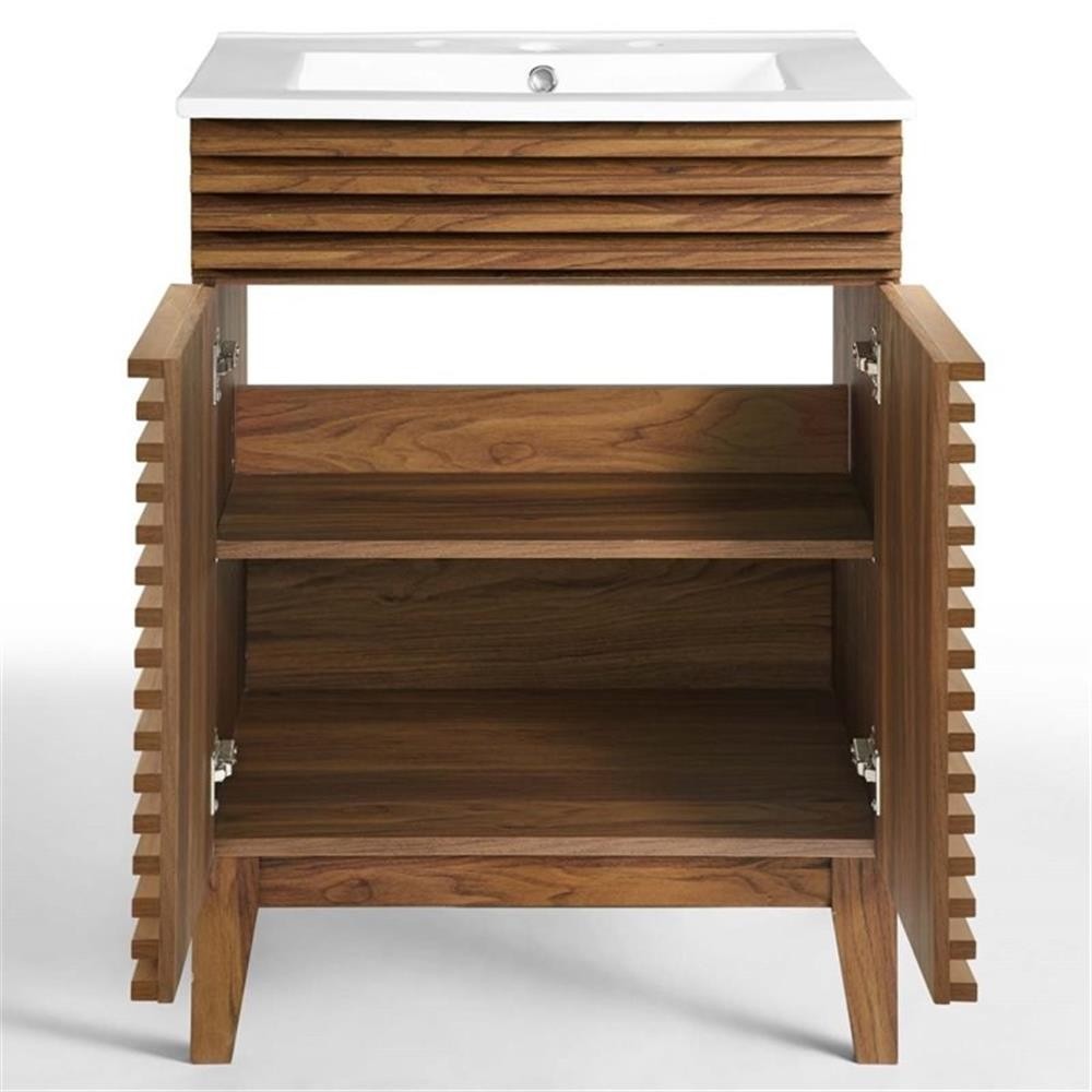 Maklaine Contemporary Wood Bathroom Vanity in Walnut and White