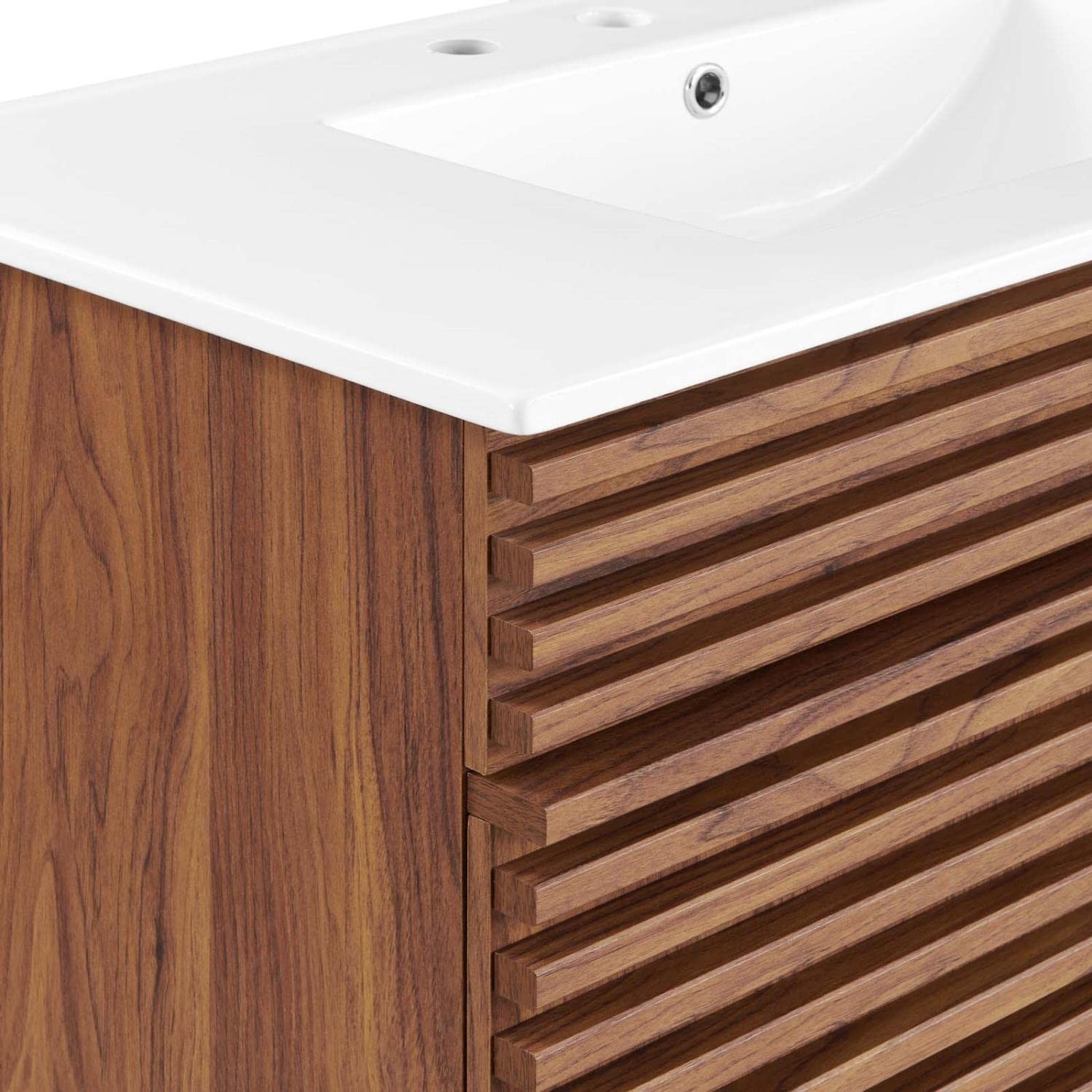 Modway Render 36″ Modern Wood and Ceramic Bathroom Vanity in Walnut/White