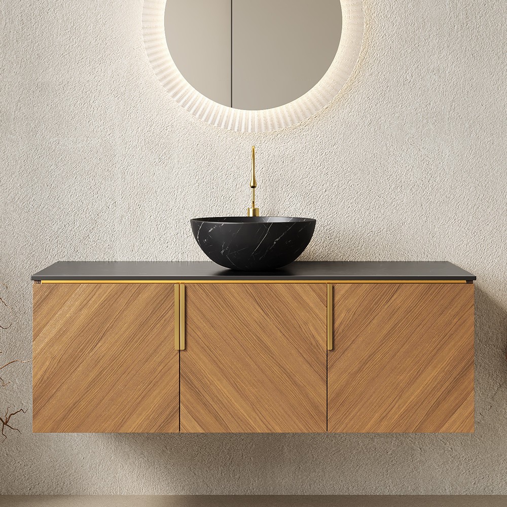 48″ Wall Mounted Bathroom Vanity w/Round Sink, Floating Vanity Cabinet, 3 Doors