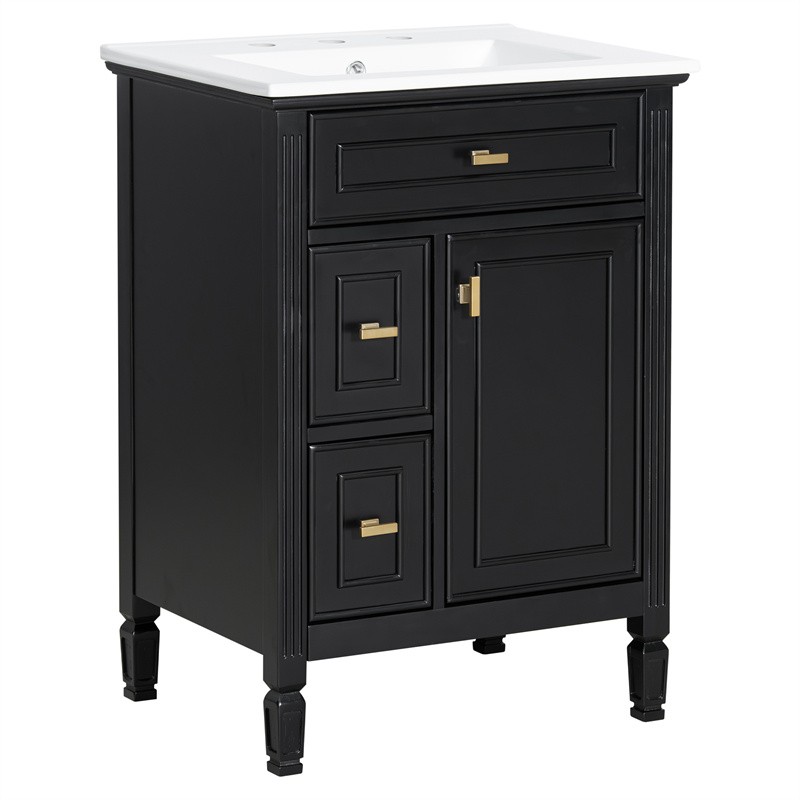 24-In Modern Bathroom Vanity with Ceramic Sink,Black Wood Cabinet with 3 Drawers