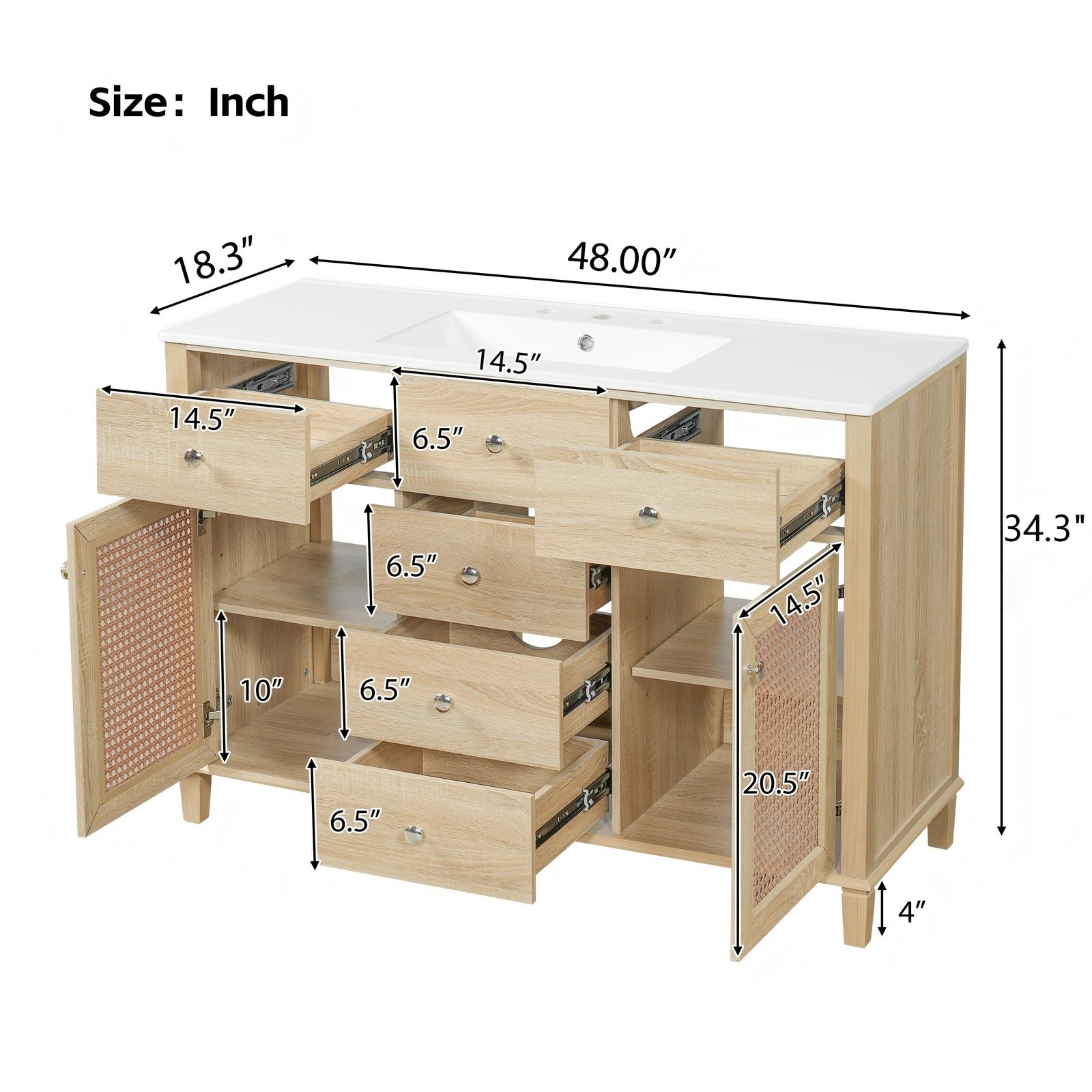 Natural Rattan Bathroom Vanity 48″/2 Cabinets/Sink & Solid Wood Frame Fre Ship