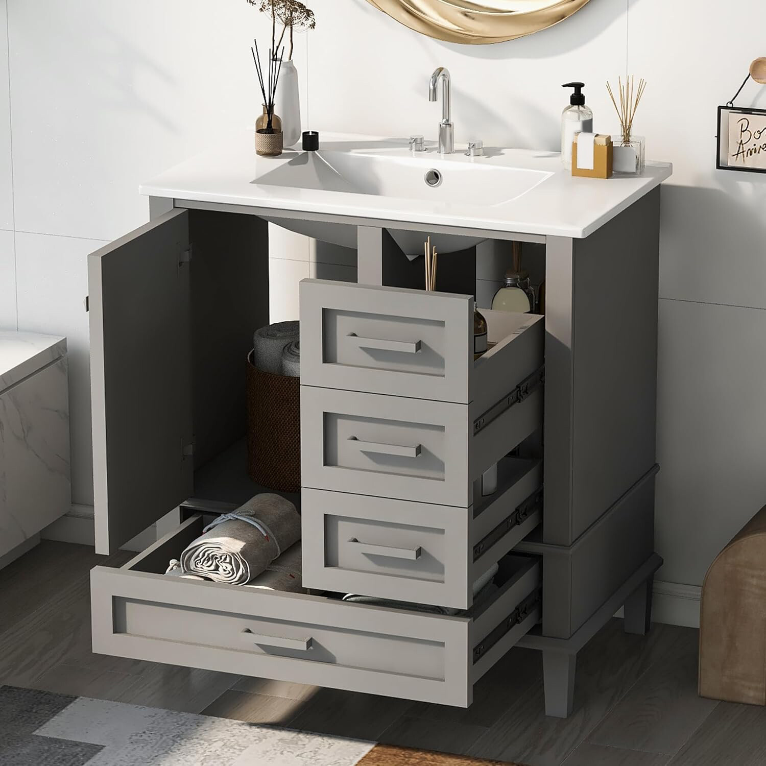 30″ Solid Wood Bathroom Vanity Cabinet with Resin Sink Top, 1 Door and 3 Drawers