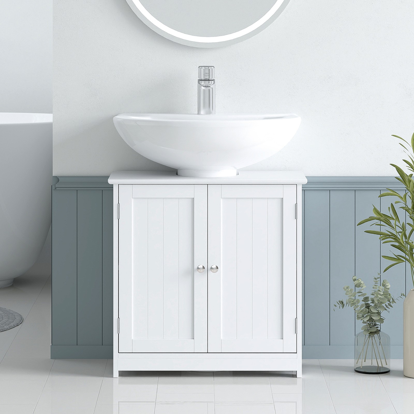 Short Pedestal Sink Washroom Storage Furniture w/Double Doors and Moveable Shelf