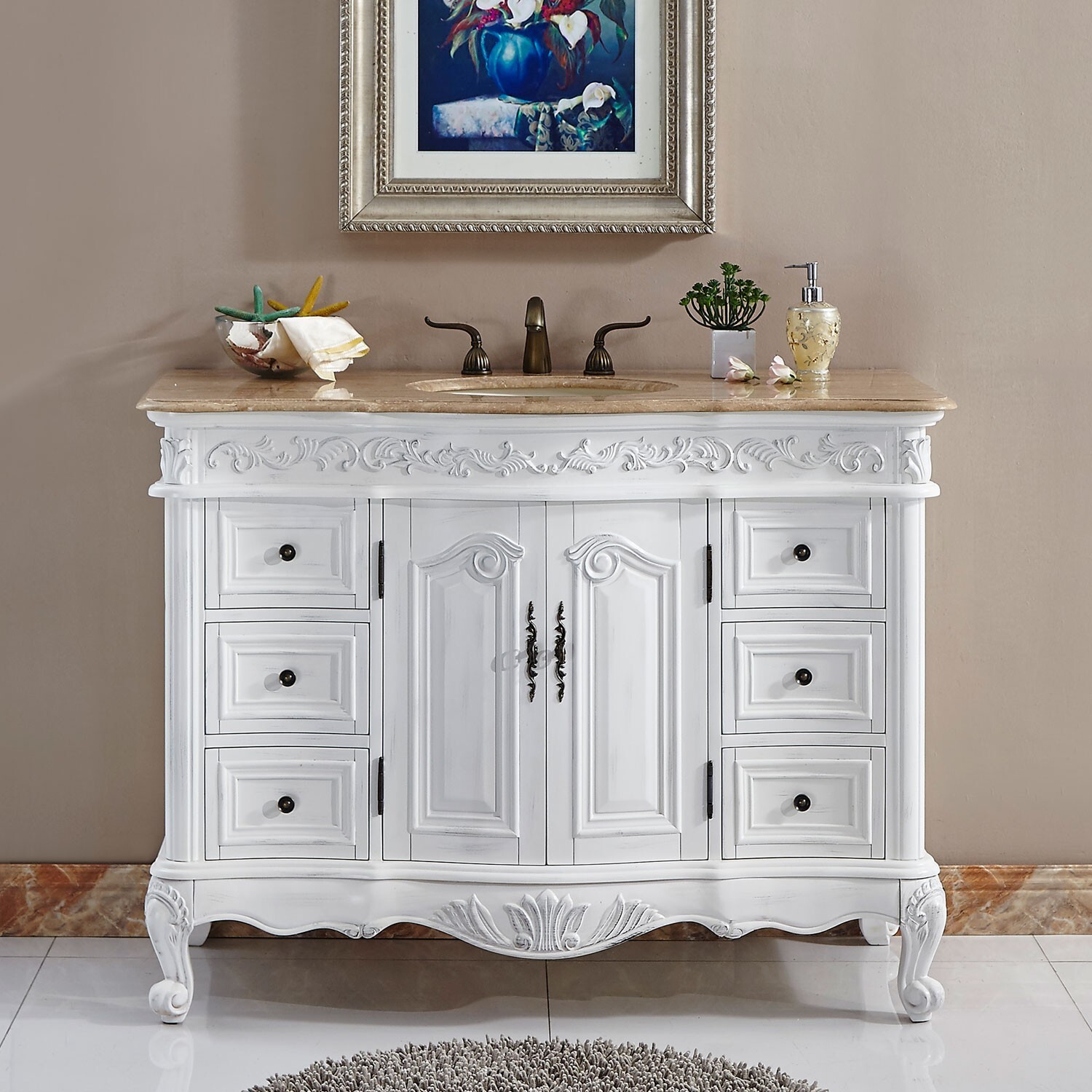 48″ Silkroad Exclusive Ella HYP-0152-T-UIC-48 White Single Travertine Top Vanity