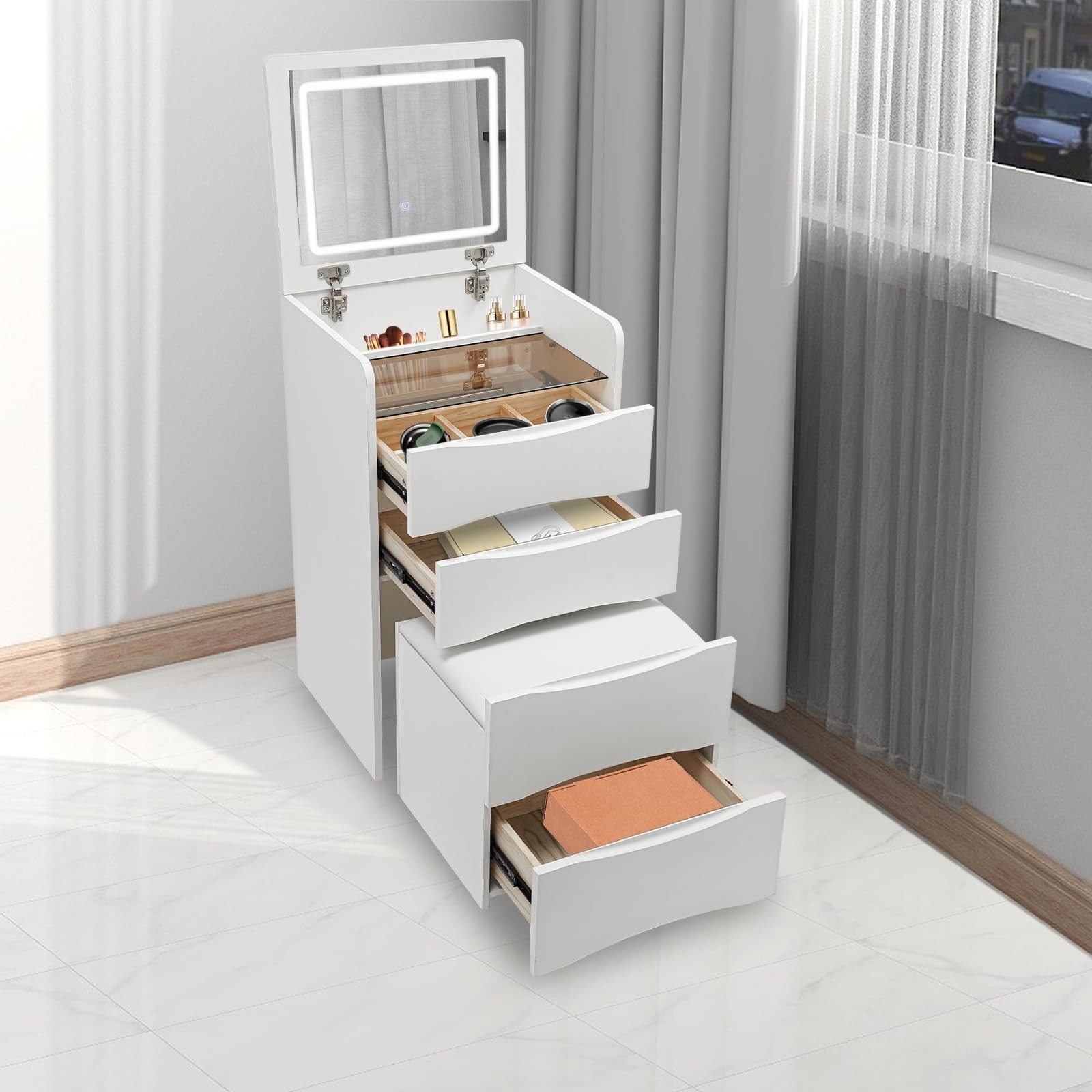 3-in-1 Foldable Makeup Vanity Desk with Mirror Lights Drawers Chair Hidden Stool