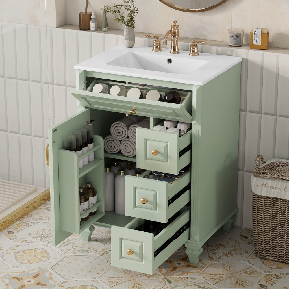 24″ Freestanding Vanity with Ceramic Sink & 3 Drawers, Solid Wood & MDF, Green