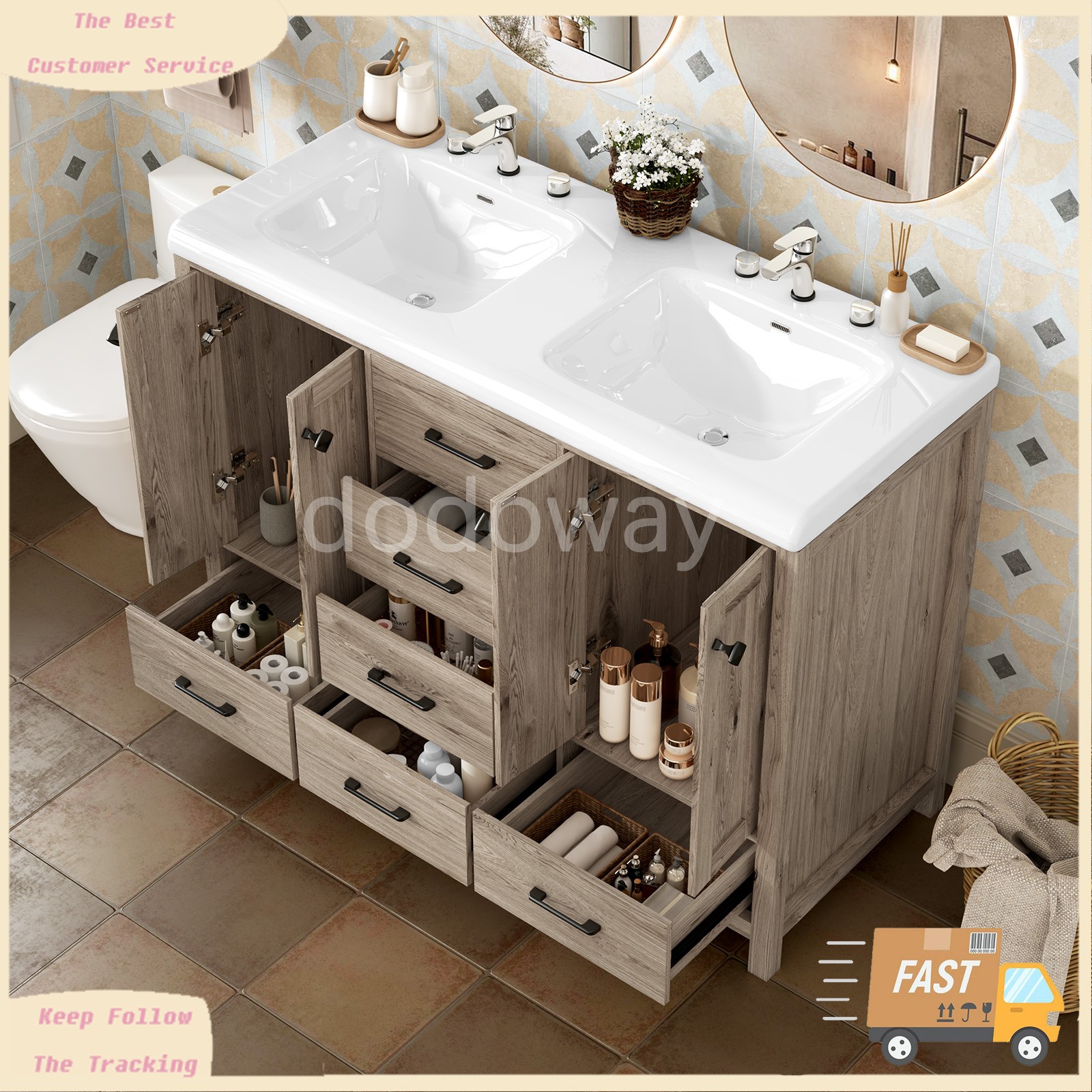 47″ Bathroom Vanity with Ceramic Sink Freestanding Storage Cabinet w/ 6 Drawers