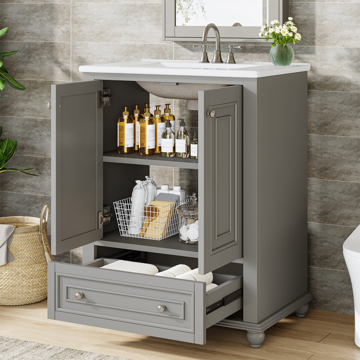 24″ Bathroom Vanity with Ceramic Sink Combo Freestanding Bathroom Vanity Cabinet