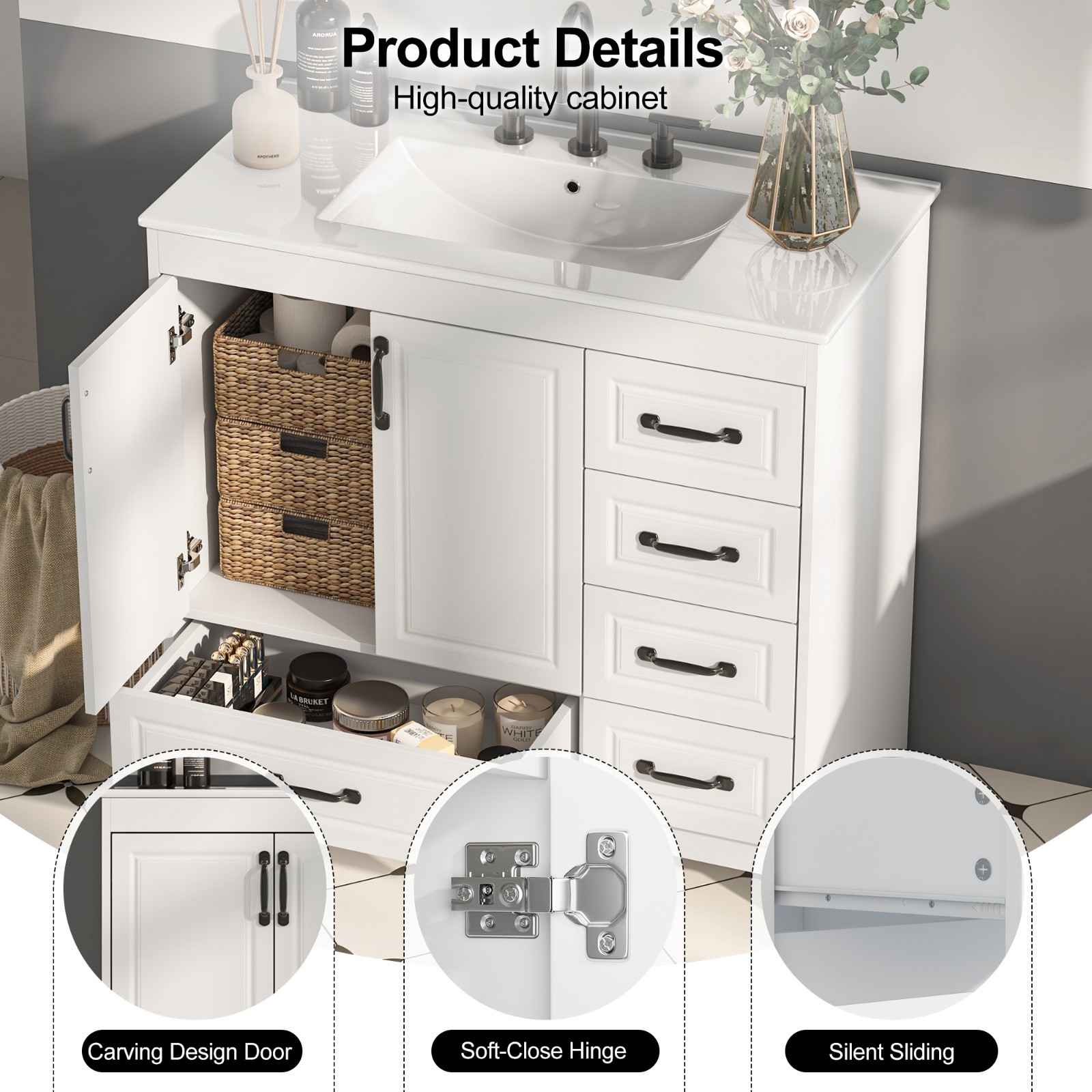 24″ 30″ 36″ Bathroom Vanity Set Storage Cabinet with Ceramic Sink Combo White