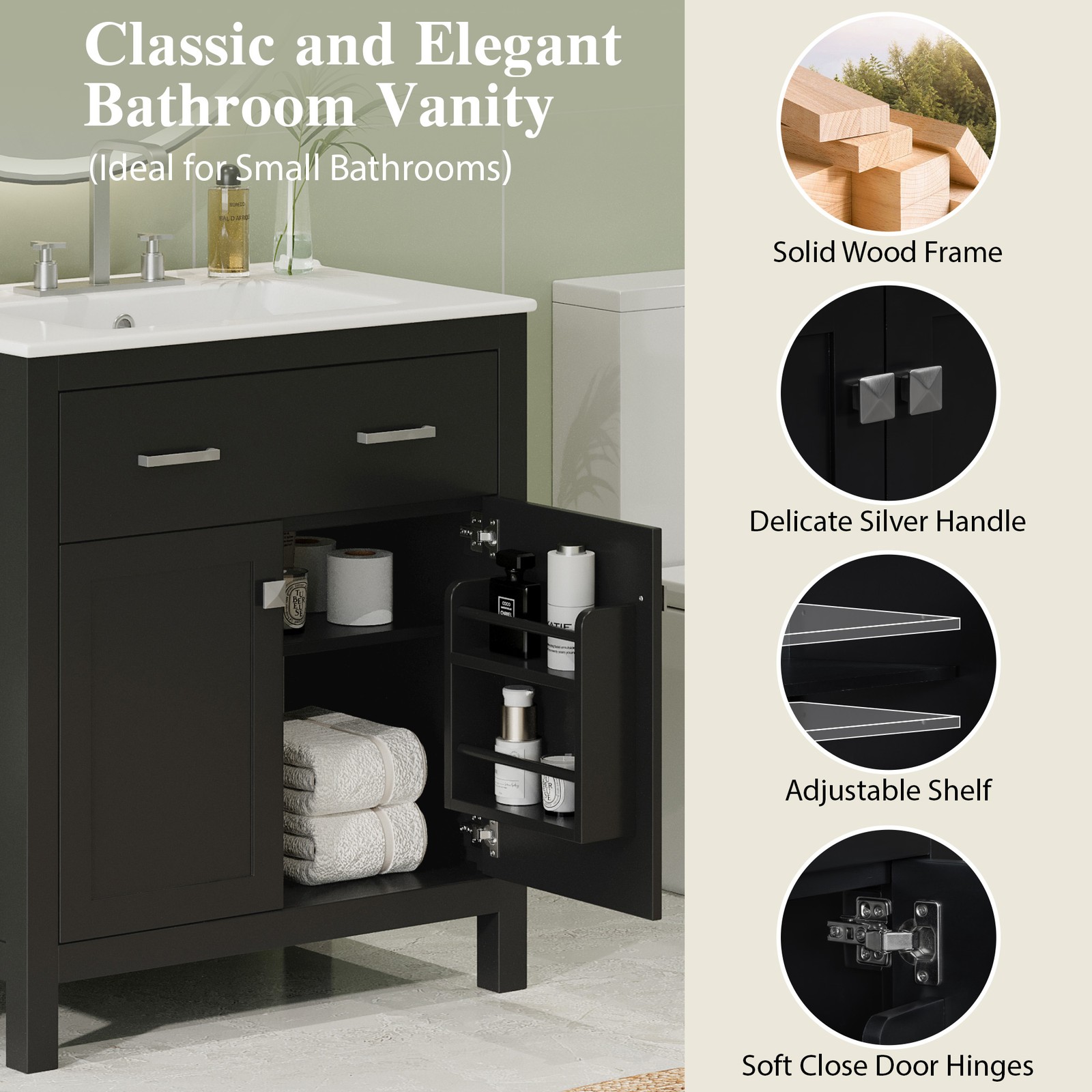 30″ Bathroom Vanity with Ceramic Sink, Modern Black Single Bathroom Cabinet