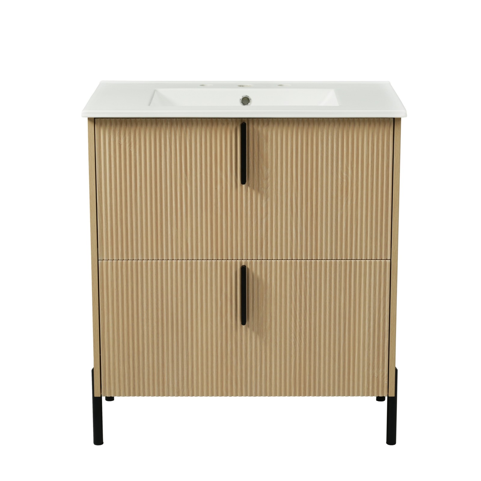 30″ Bathroom Vanity with Ceramic Sink, Soft Close Drawers, Fluted