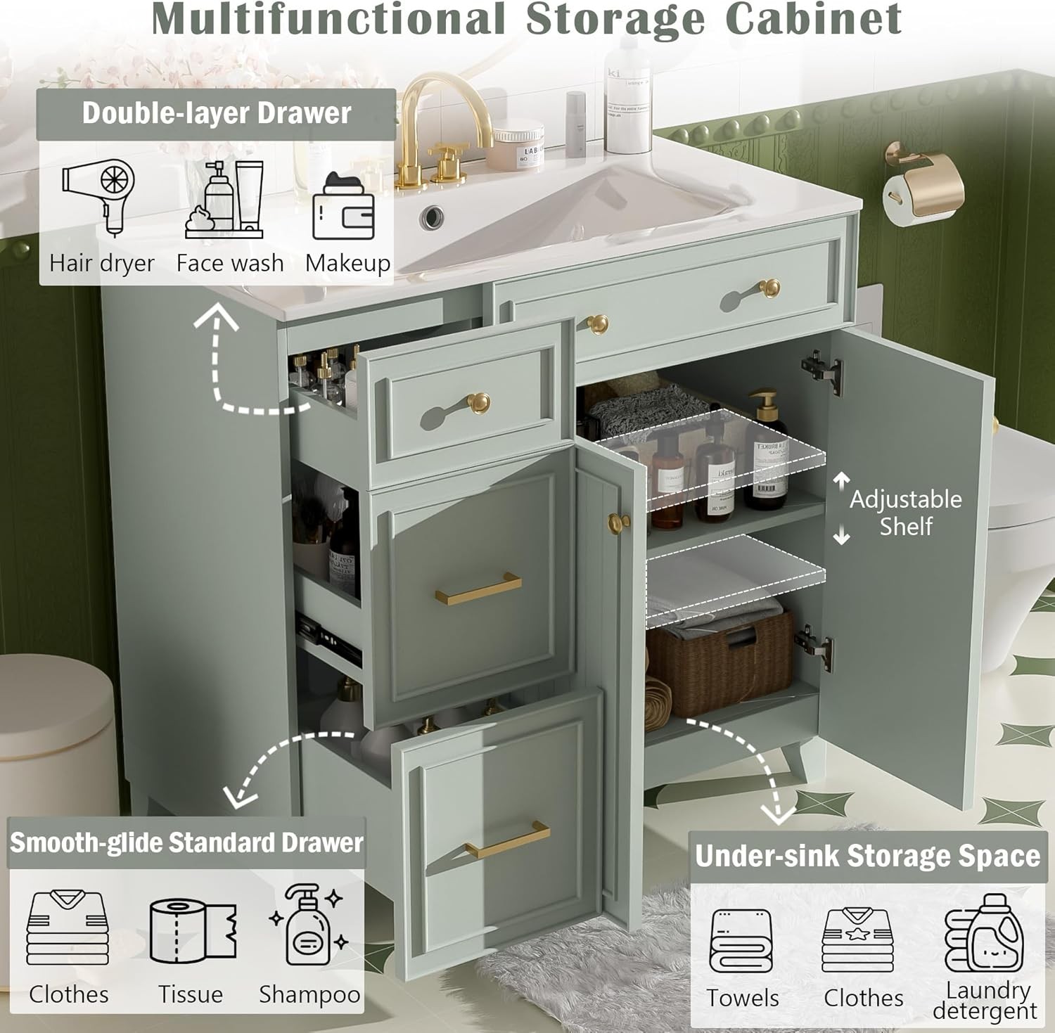 36-inch Green Bathroom Vanity Transitional Style Bathroom Cabinet W/ Ceramic