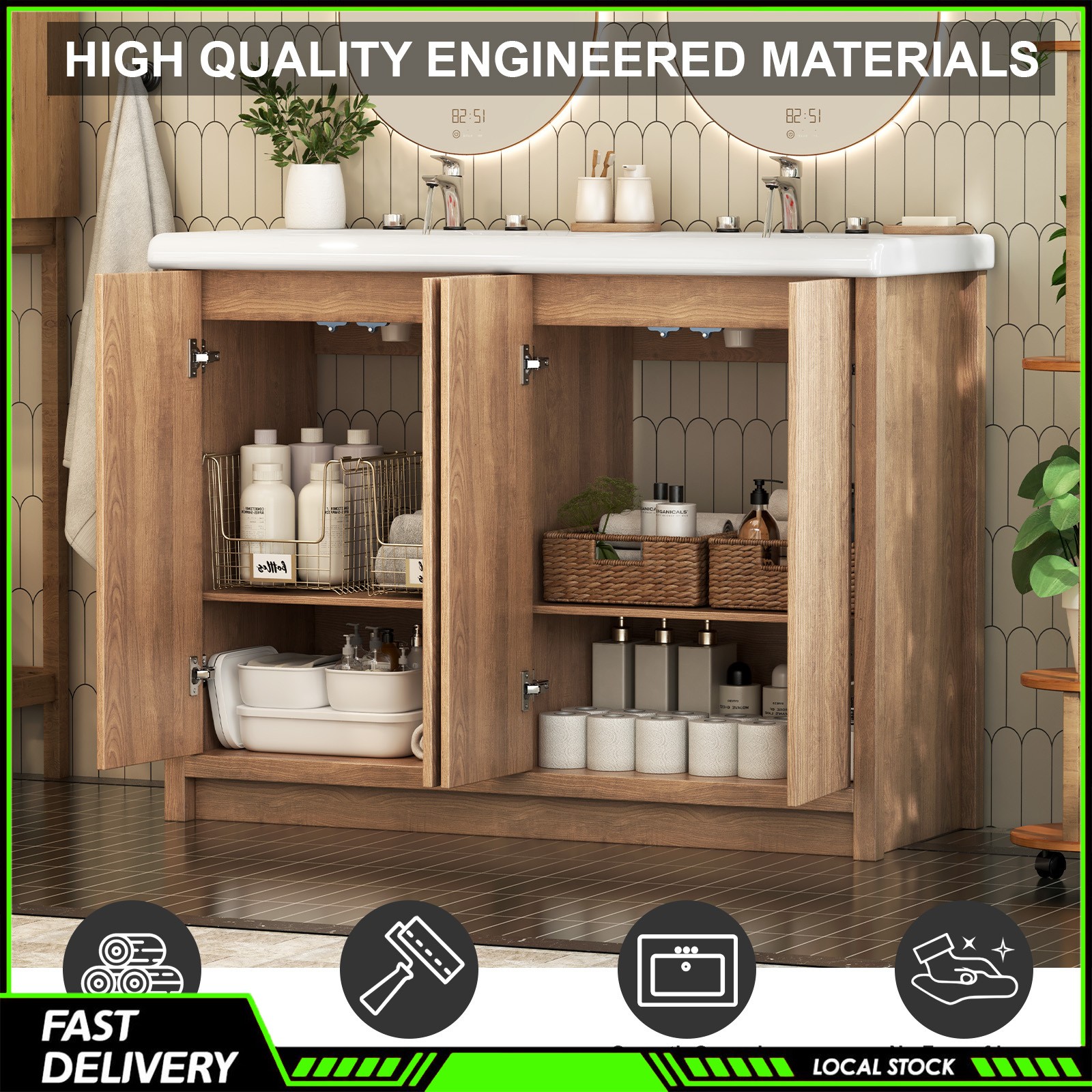 47″ Bathroom Vanity Set Wood Cabinet with Double Ceramic Drop in Sink Top Design