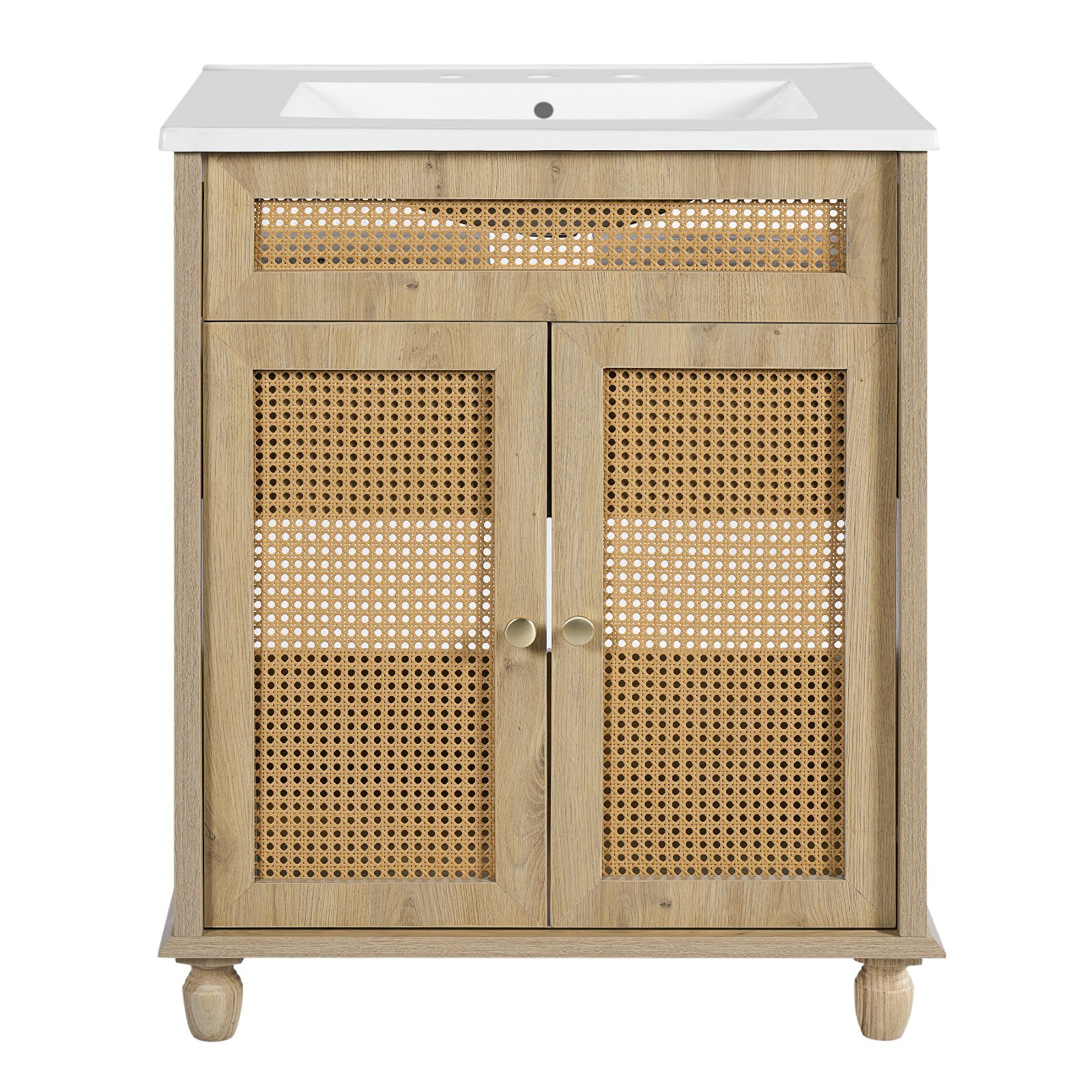30 In Bathroom Vanity Handwoven Rattan Doors Solid Wood Legs Resin Sink Cabinet