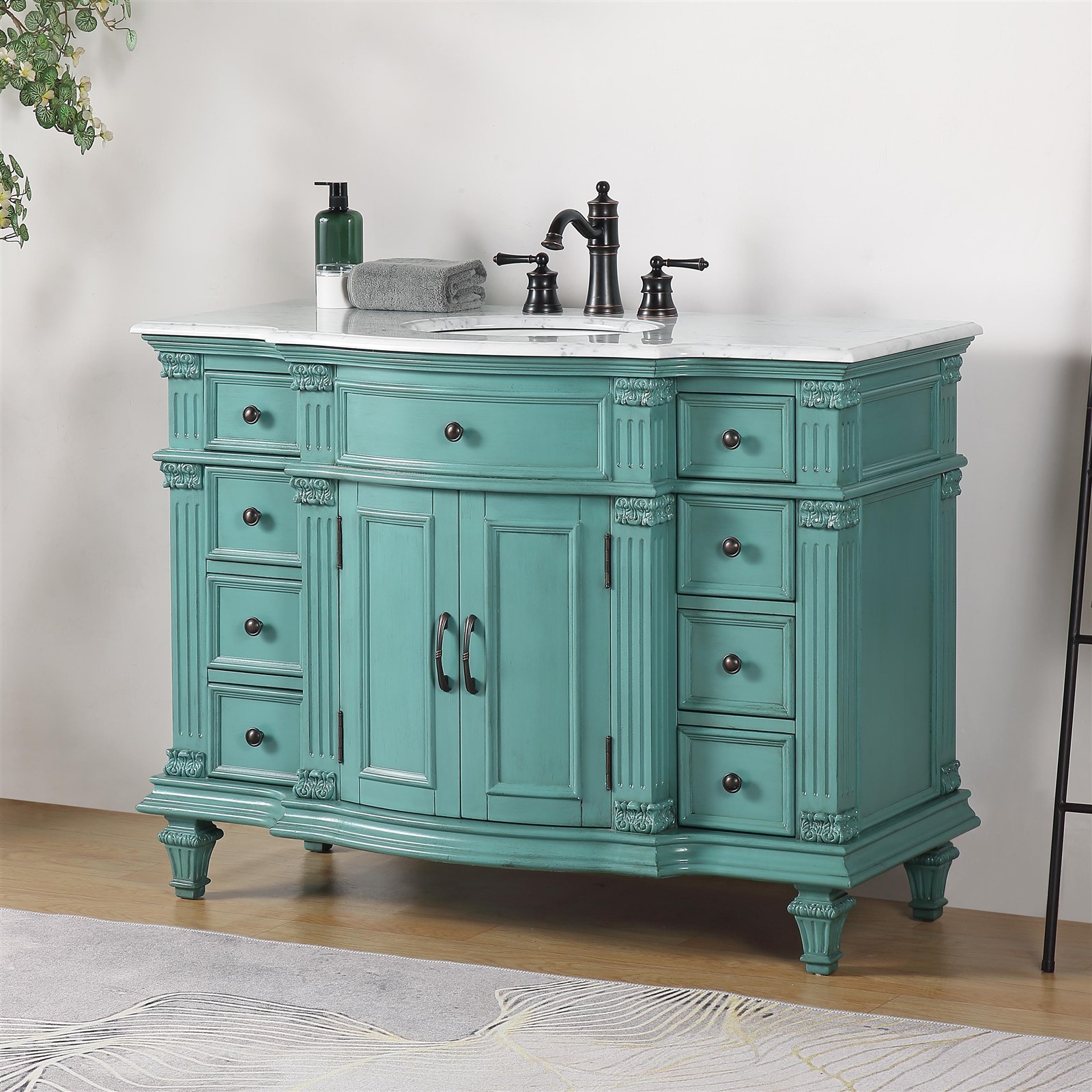 48″ Single Sink Cabinet Carrara White Marble Countertop Green Bathroom Vanity