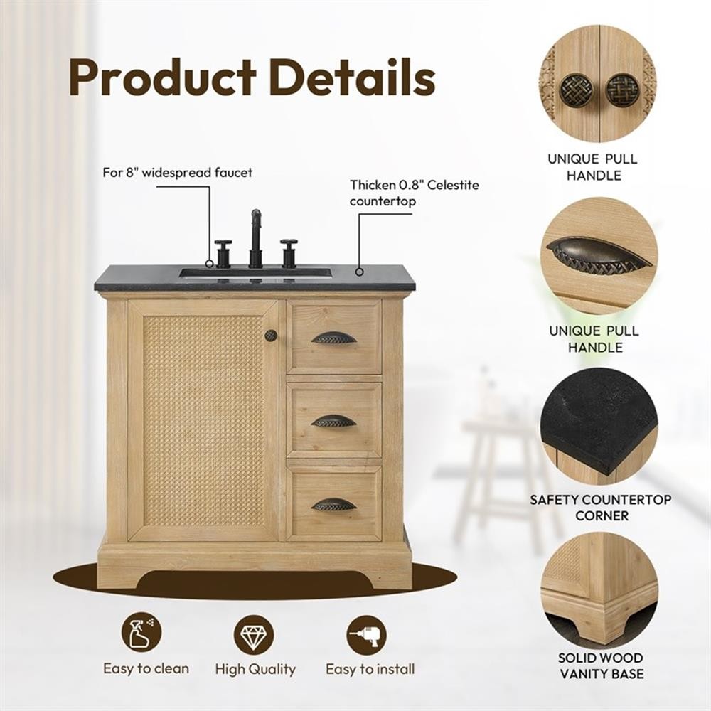 Hervas 36″ Fir Wood Brown Single Bath Vanity with Black Natural Celestite Marble