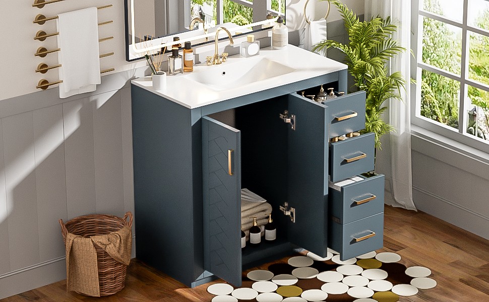 36″ Bathroom Vanity with Ceramic Sink, Solid Wood Frame, 3 Drawers & Doors