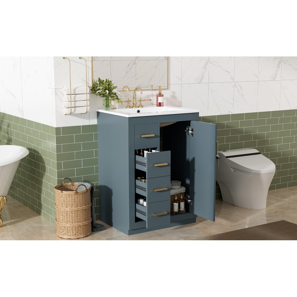 24 Inch Single Sink Bathroom Vanity Ceramic Top Drawers Storage Cabinet